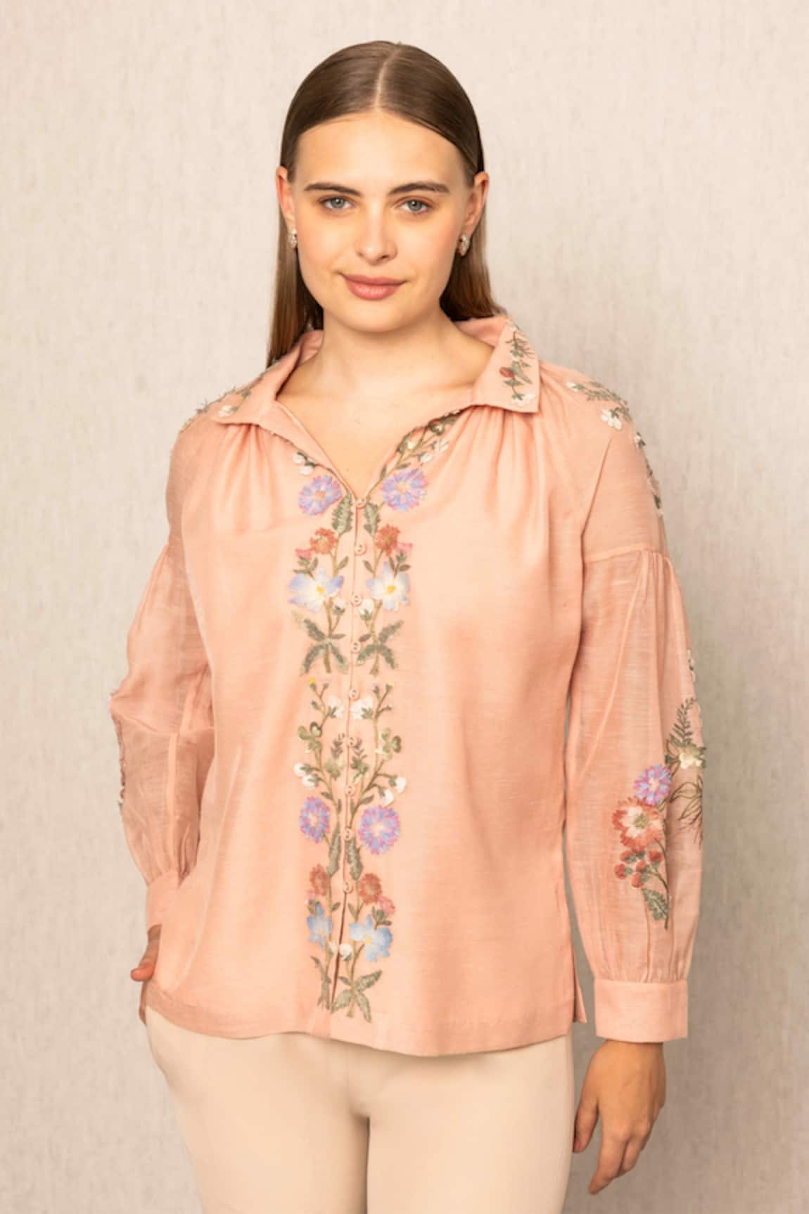 RANNA GILL Peach Embroidered Orris Blouse 