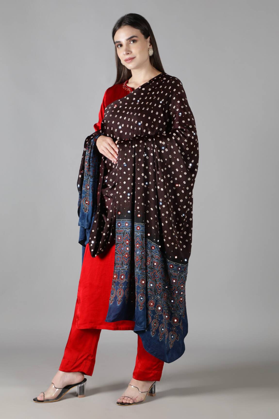 Sheeshakari Red Silk Straight Kurta Set 