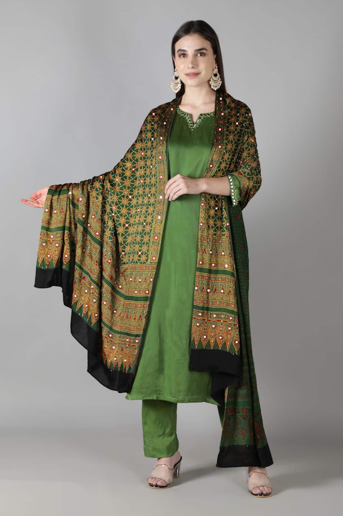 Sheeshakari Green Silk Straight Kurta Set 