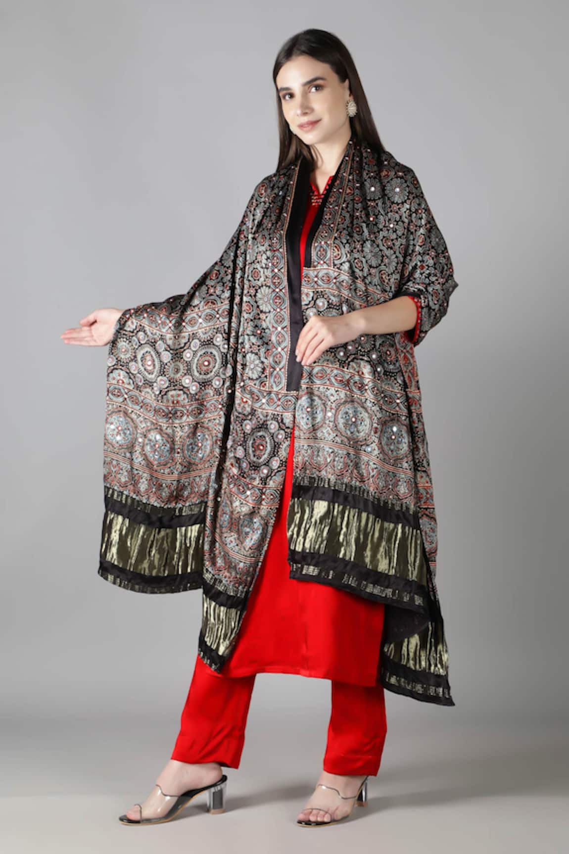 Sheeshakari Red Silk Kurta Set with Dupatta 