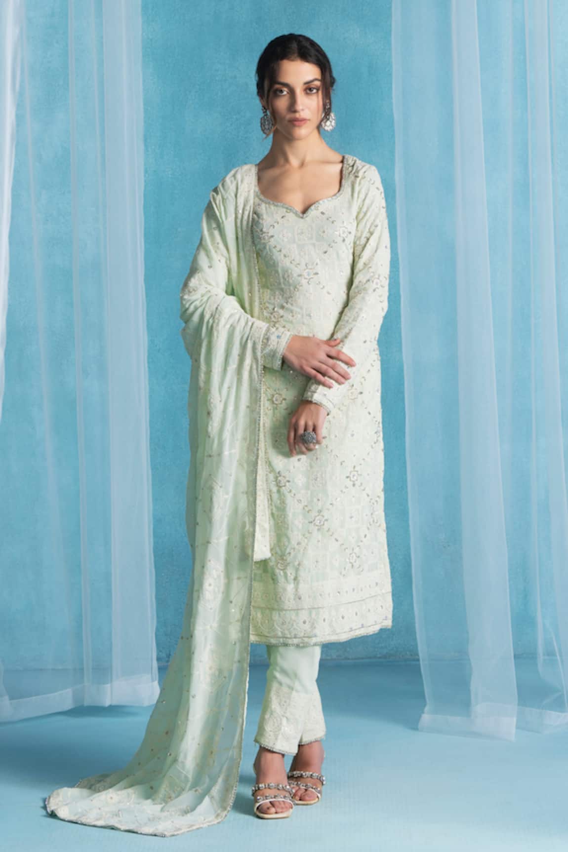 LASHKARAA Soft Mint Embroidered Kurta Set 