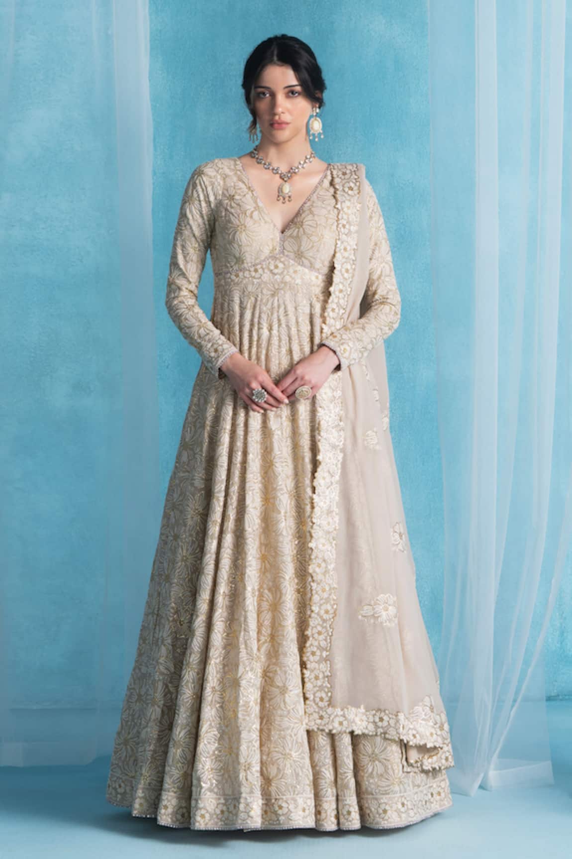 LASHKARAA Designer Dusty Beige Anarkali Set 