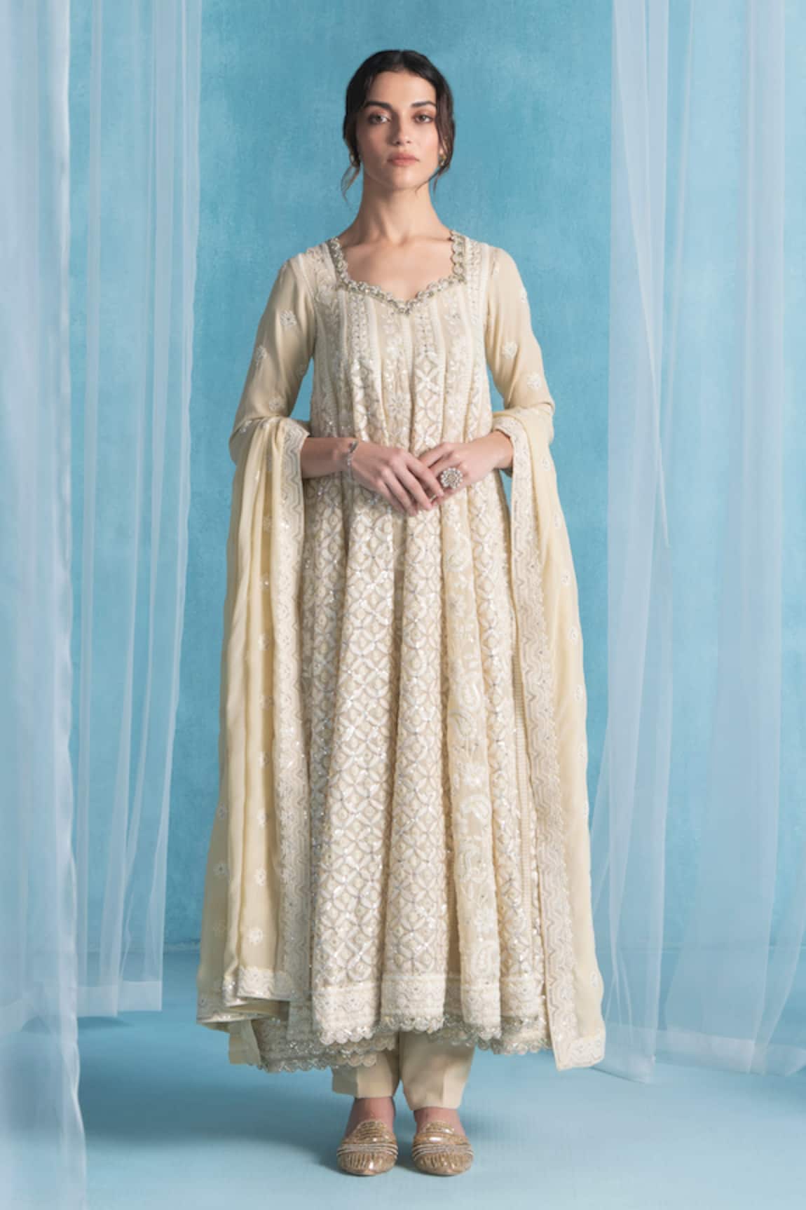 LASHKARAA Designer Dusty Beige Anarkali Set 