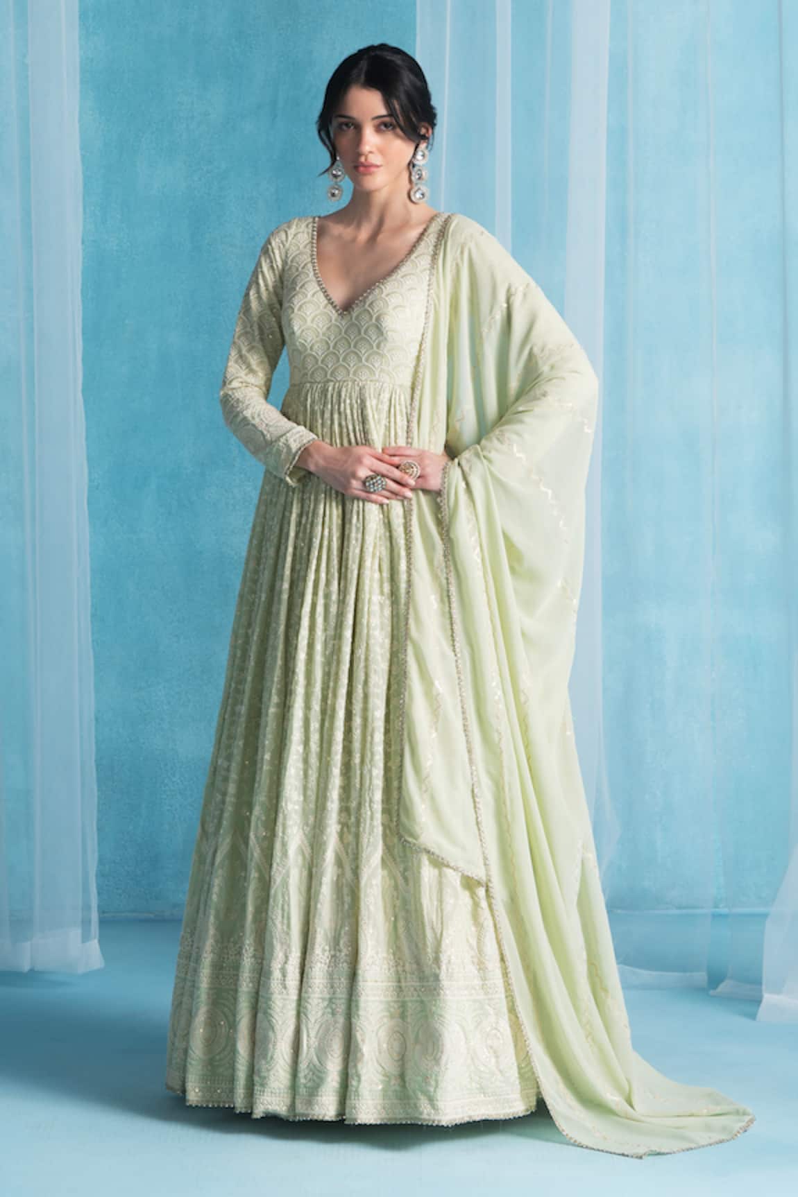LASHKARAA Mint Green Embroidered Anarkali Set 