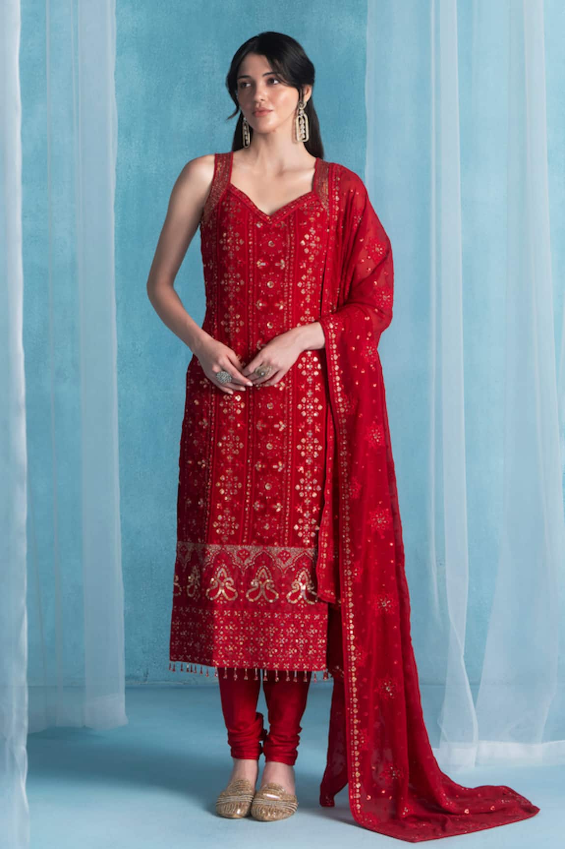 LASHKARAA Maroon Georgette Kurta Set 