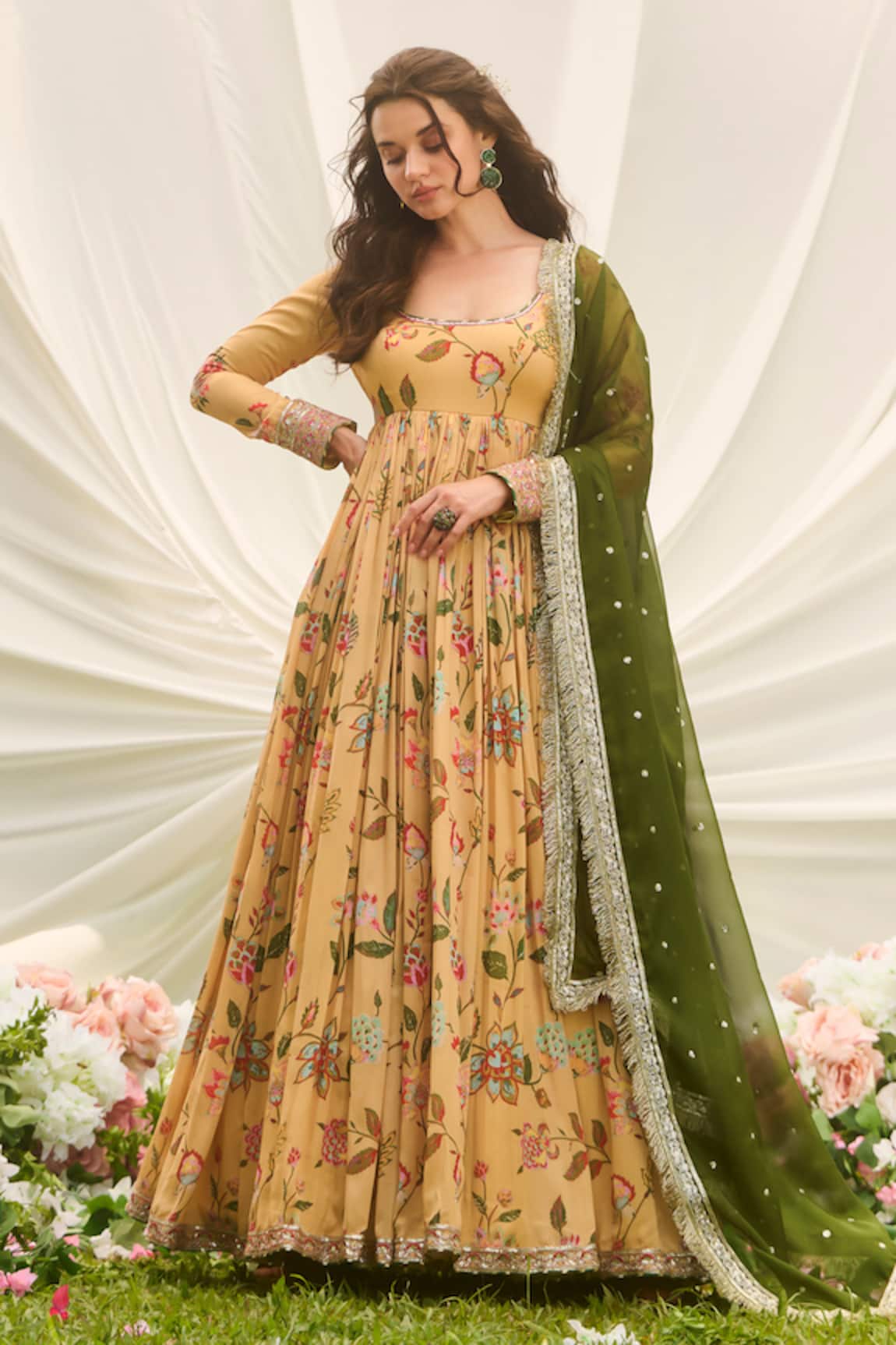 LASHKARAA Mustard Green Floral Anarkali Set 