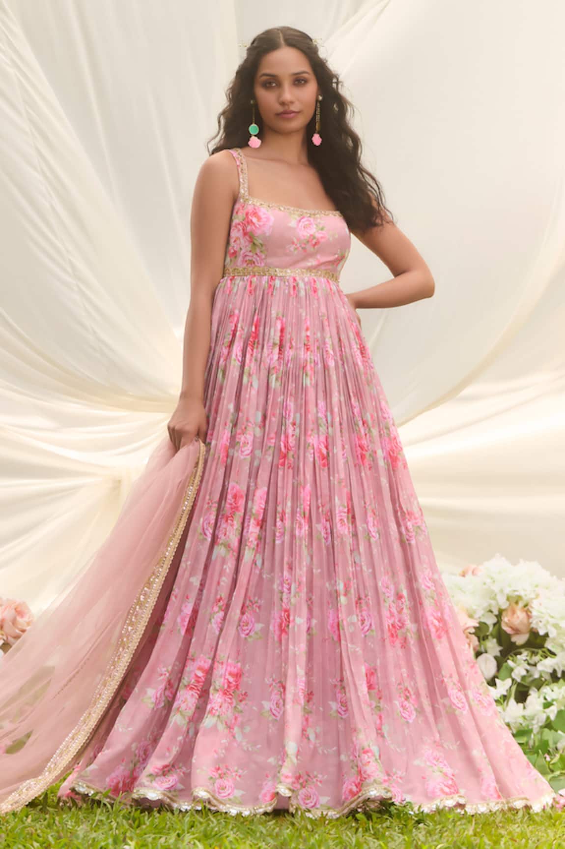 LASHKARAA Dusty Pink Floral Anarkali Set 
