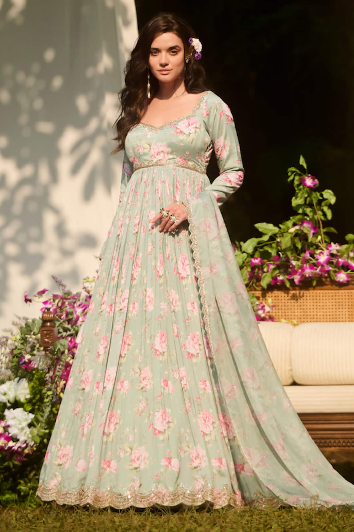 LASHKARAA Light Green Floral Anarkali Set 