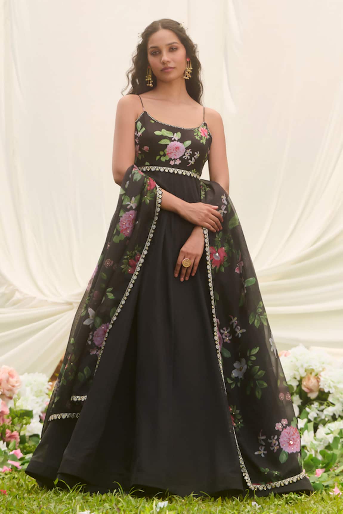 LASHKARAA Black Floral Embroidered Anarkali Set 