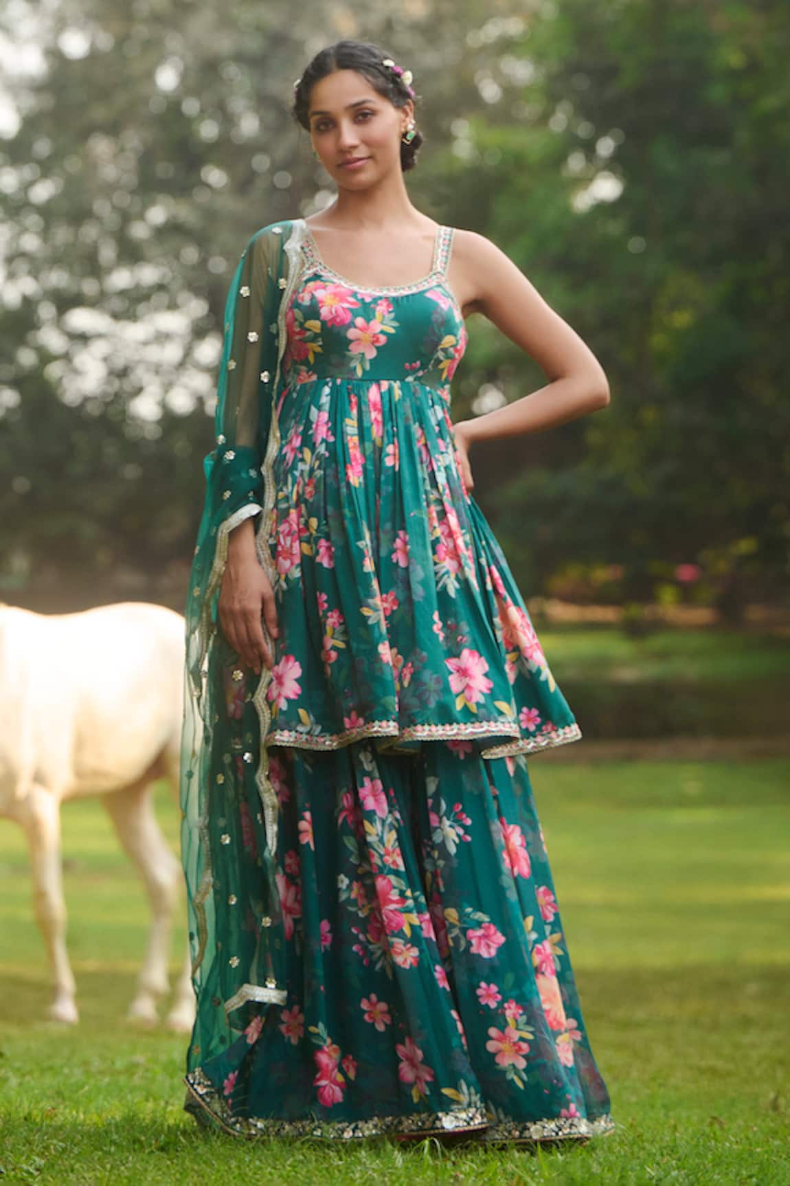 LASHKARAA Floral Printed Green Kurta Set 