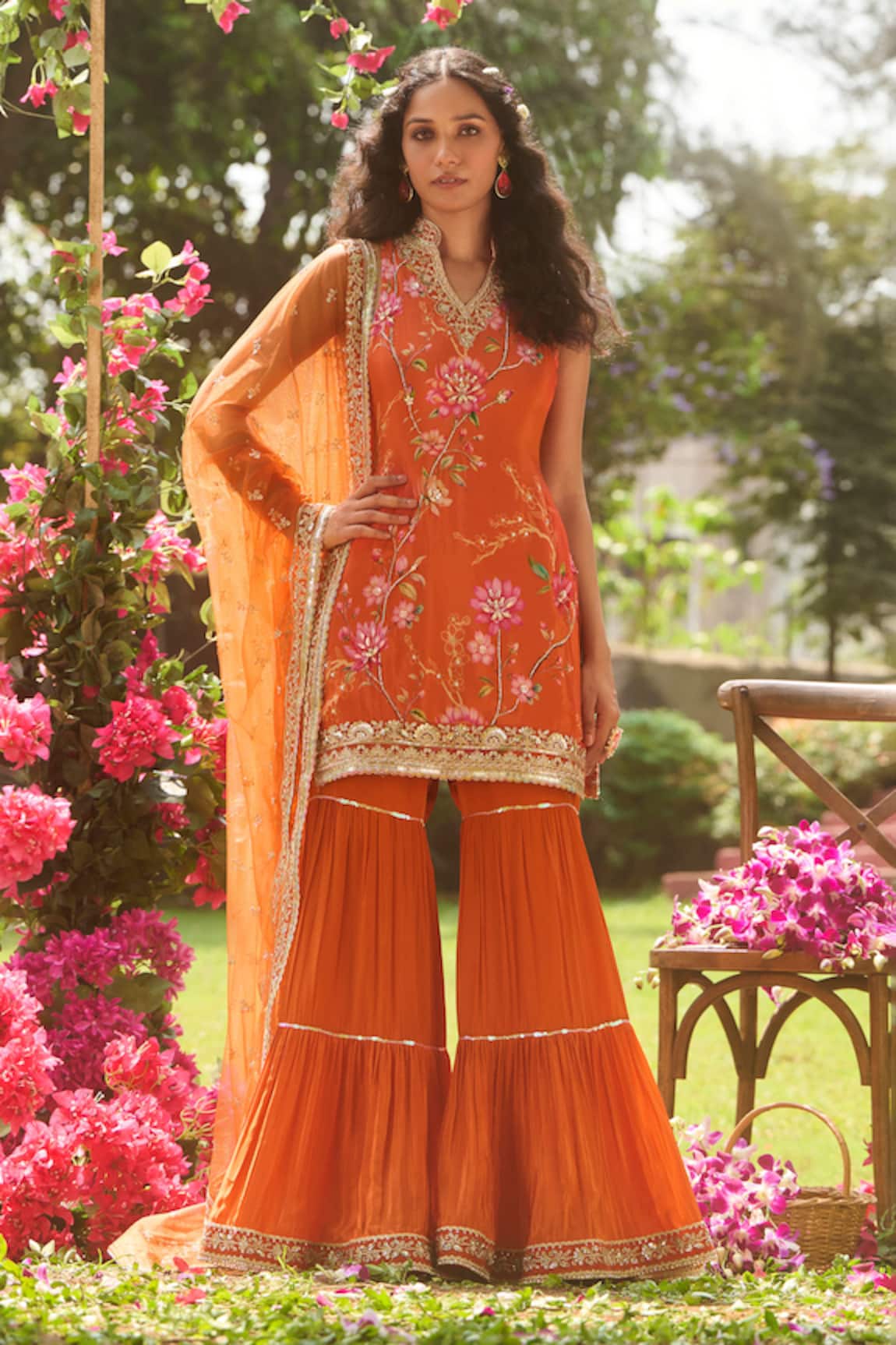 LASHKARAA Orange Silk Embroidered Kurta Set 