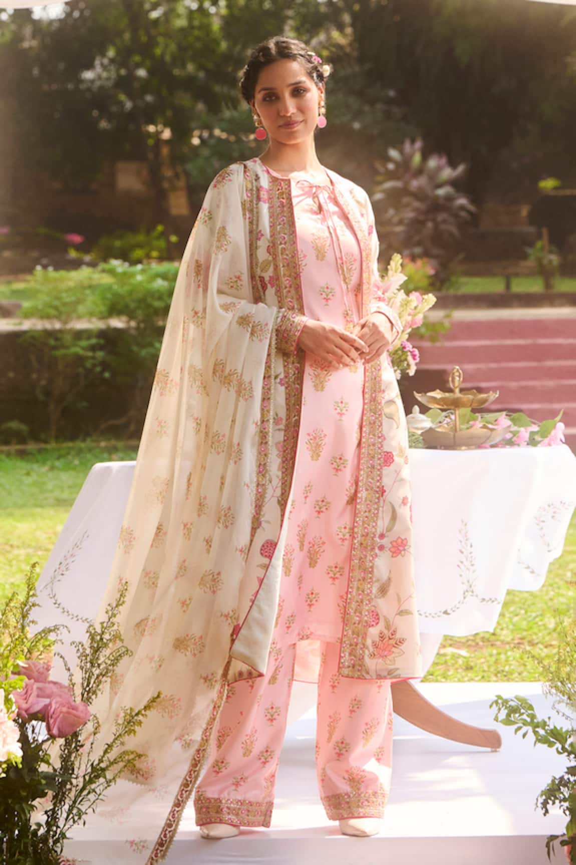 LASHKARAA Ivory & Pink Floral Kurta Set 
