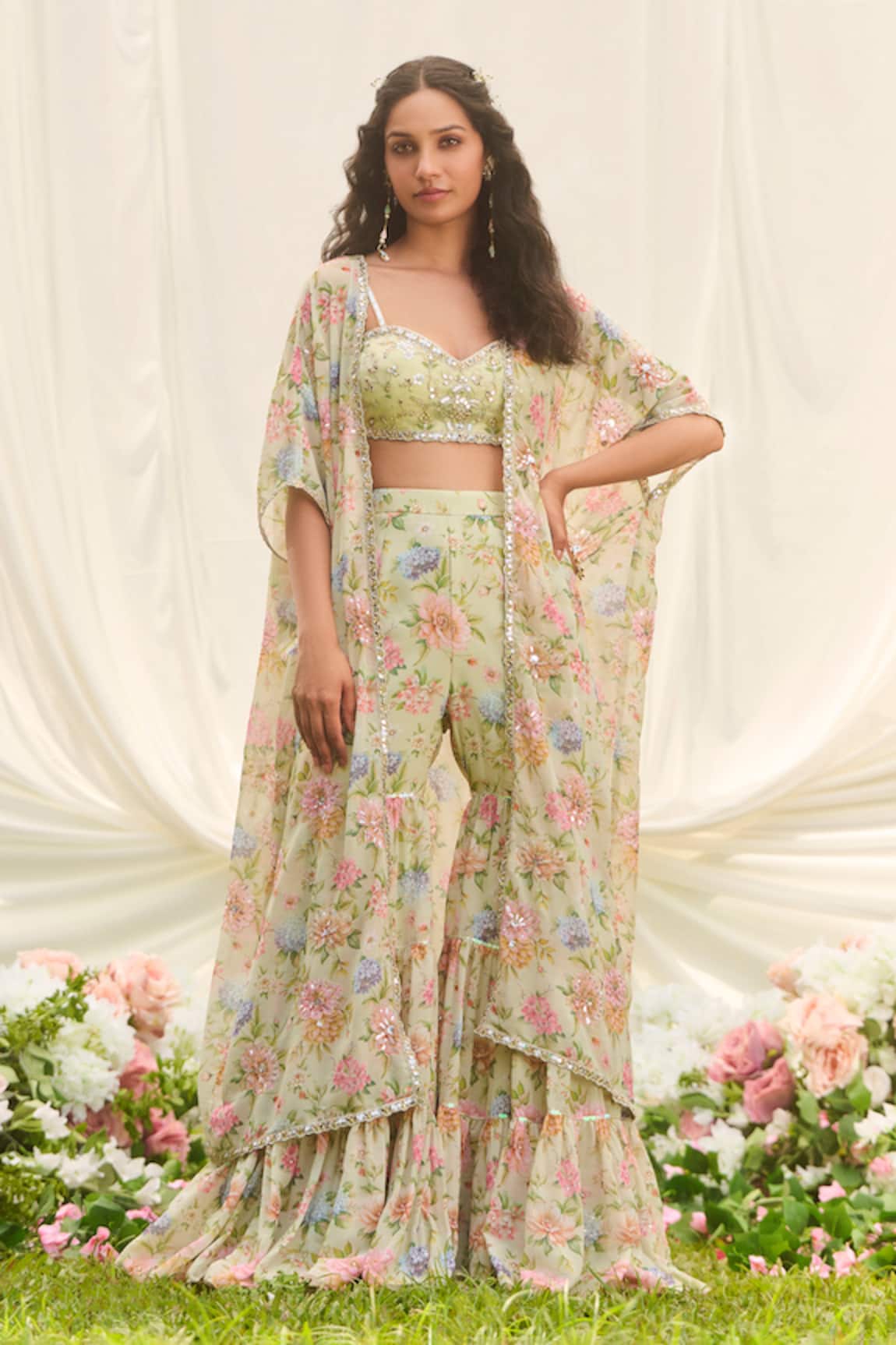 LASHKARAA Mint Green Floral Cape Sharara Set 
