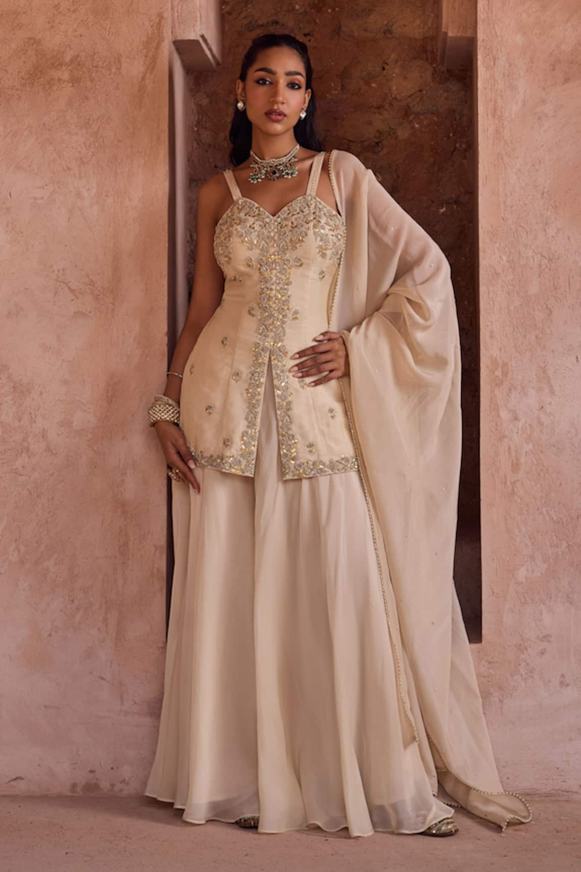 Kritika Dawar Ivory Pearl Embroidered Sharara Set 