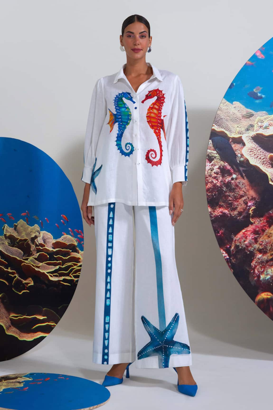 Nautanky Designer White Seahorse Print Pant Set 