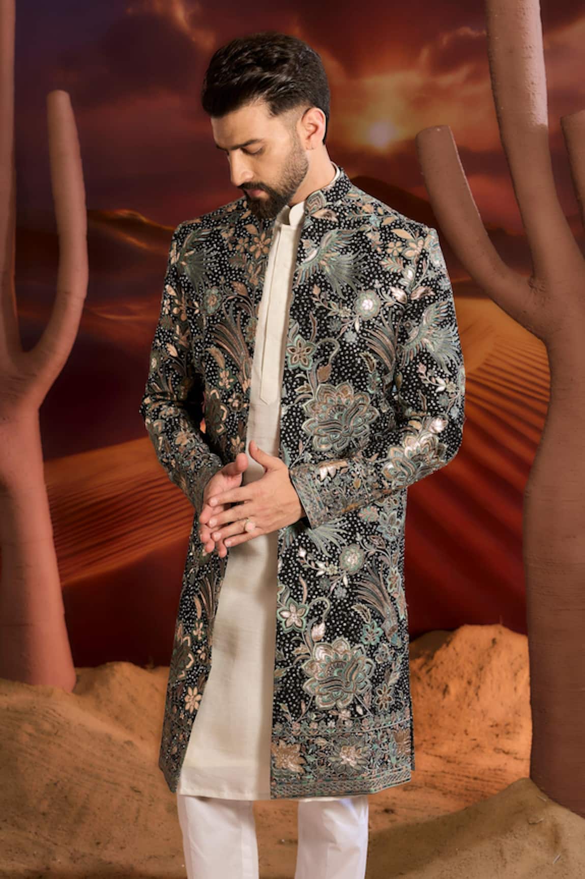 Kasbah Designer Black Georgette Sherwani