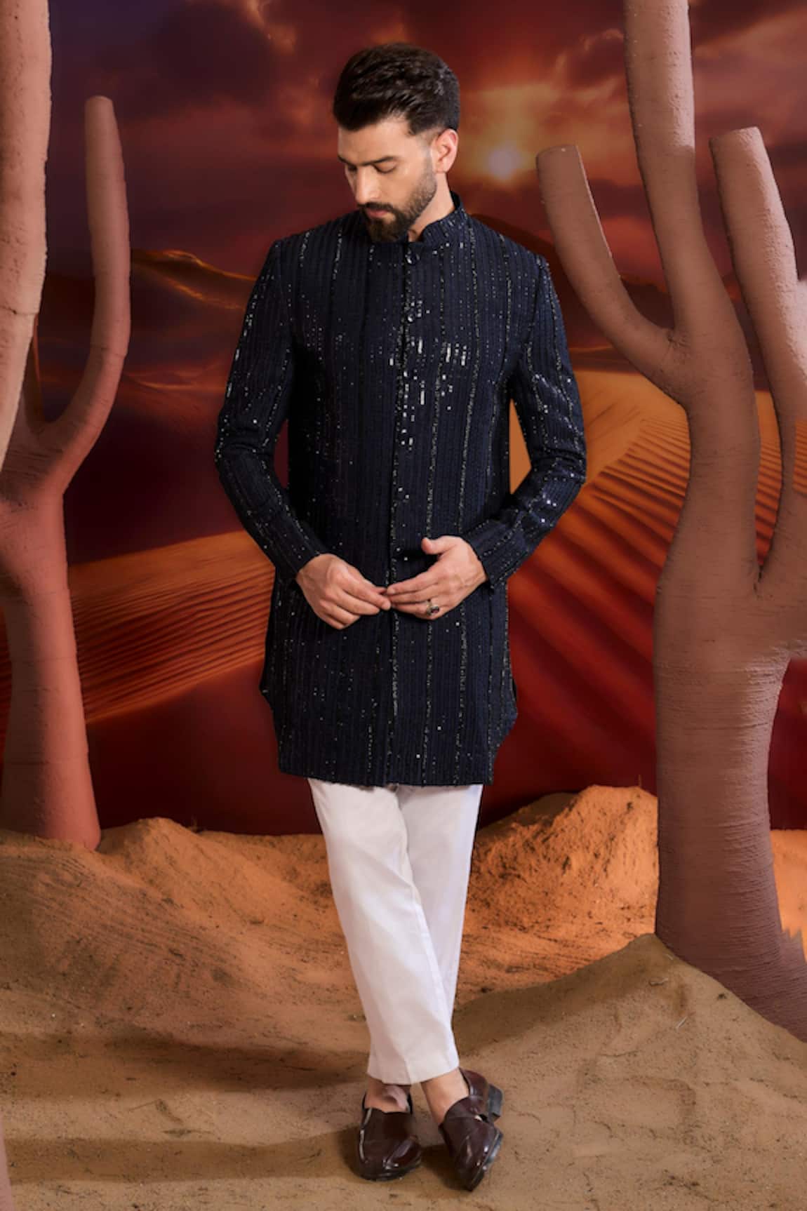 Kasbah Designer Blue Silk Sherwani 