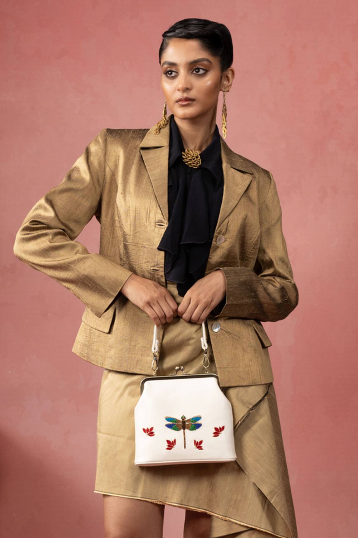 Miri Ivory Hand Embroidered Dragonfly Clutch 