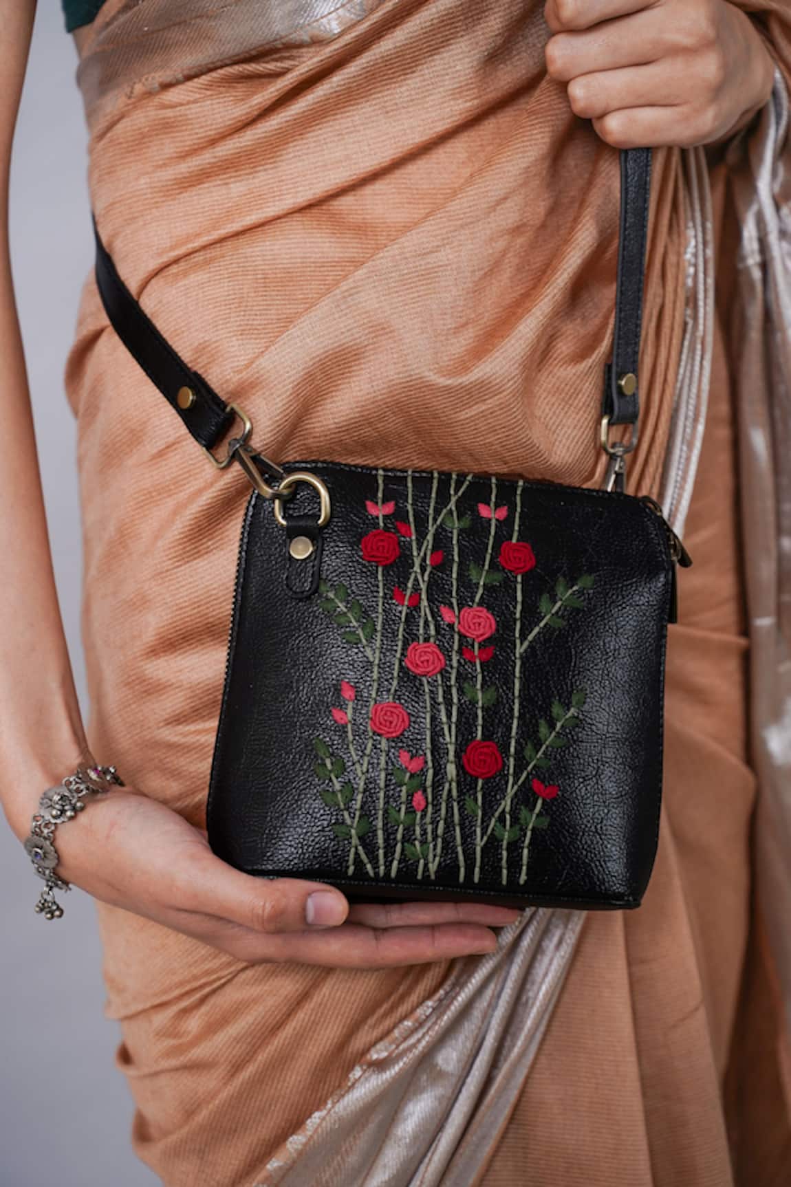 Miri Hand Embroidered Red Rosebuds Sling Bag 