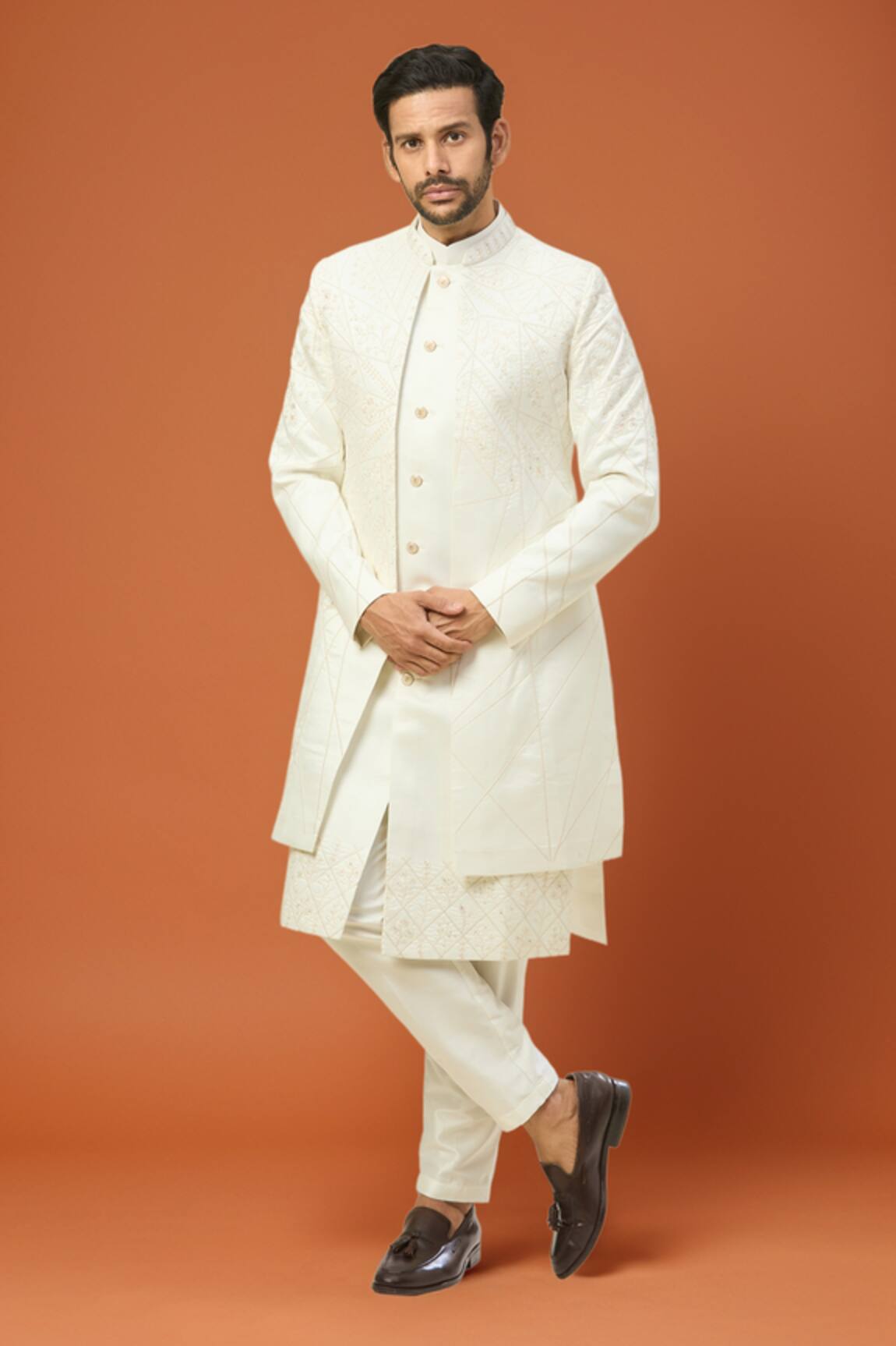RNG Safawala White Embroidered Sherwani Set 