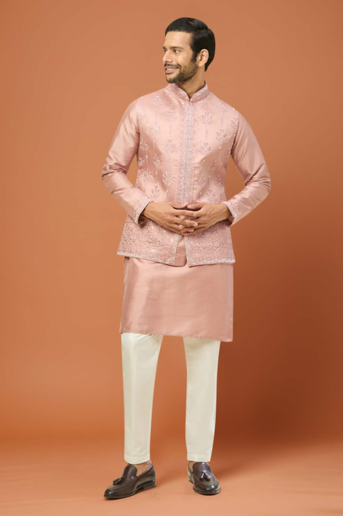 RNG Safawala Embroidered Pink Nehru Jacket Set 