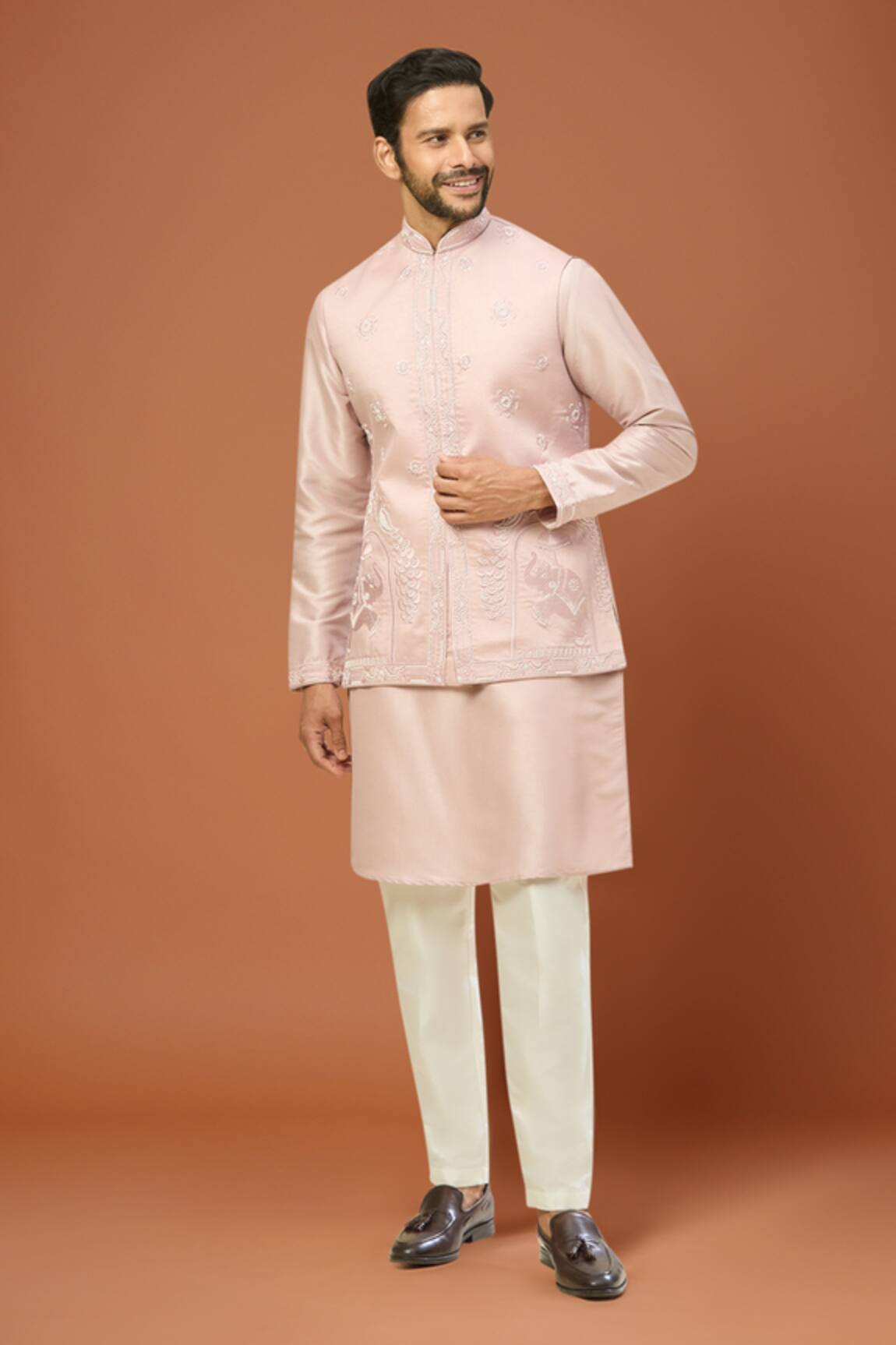 RNG Safawala Embroidered Pink Nehru Jacket Set 