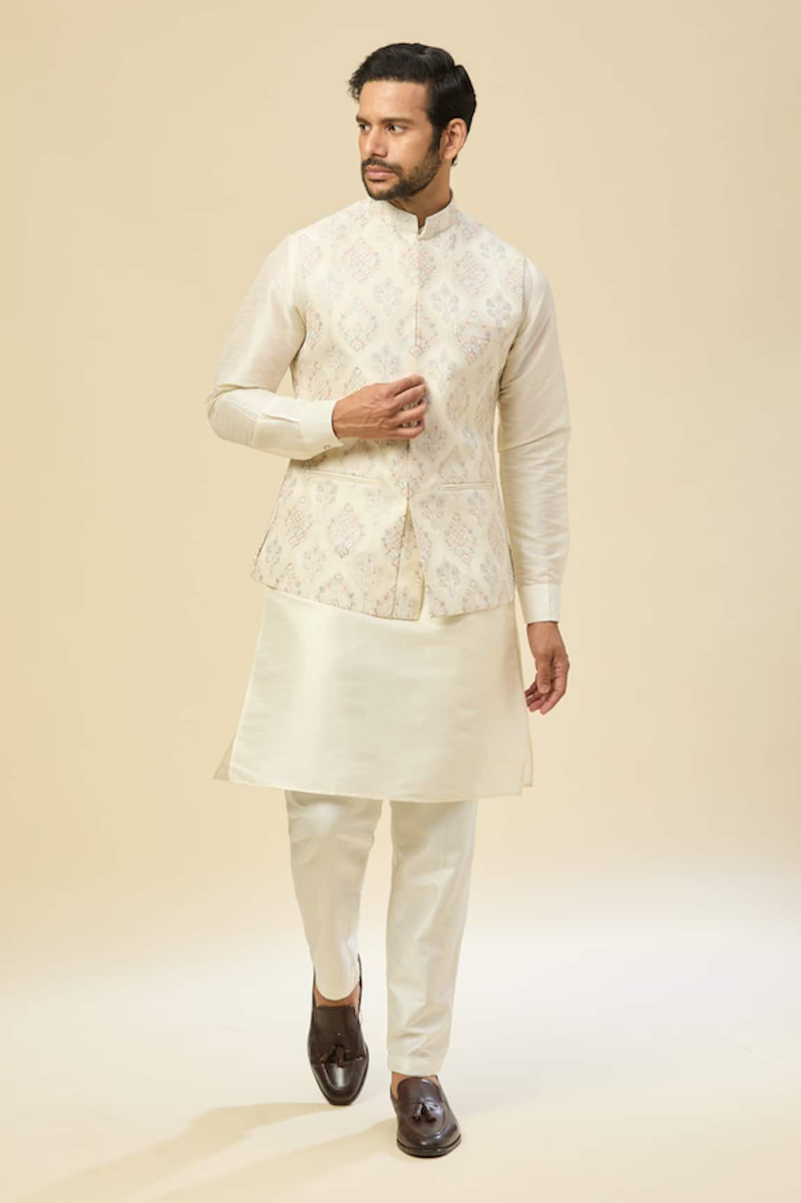 RNG Safawala Cream Raw Silk Nehru Jacket Set 
