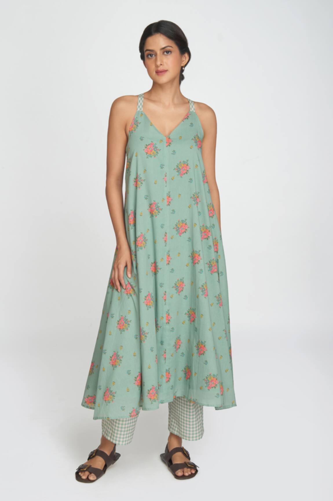 Sinjhar Dull Teal Floral Printed Kurta Set 