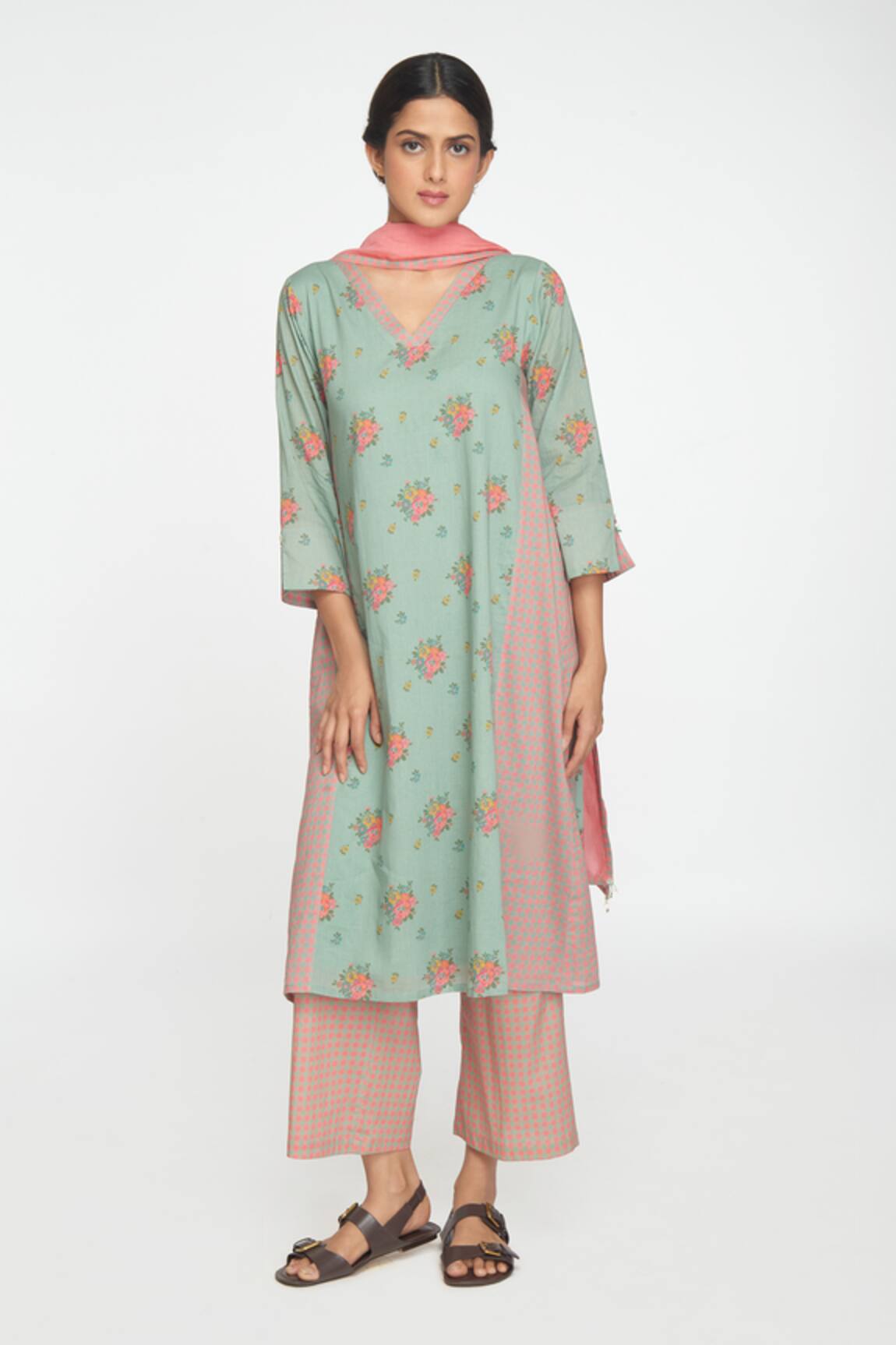 Sinjhar Dull Teal Floral Kurta Set 