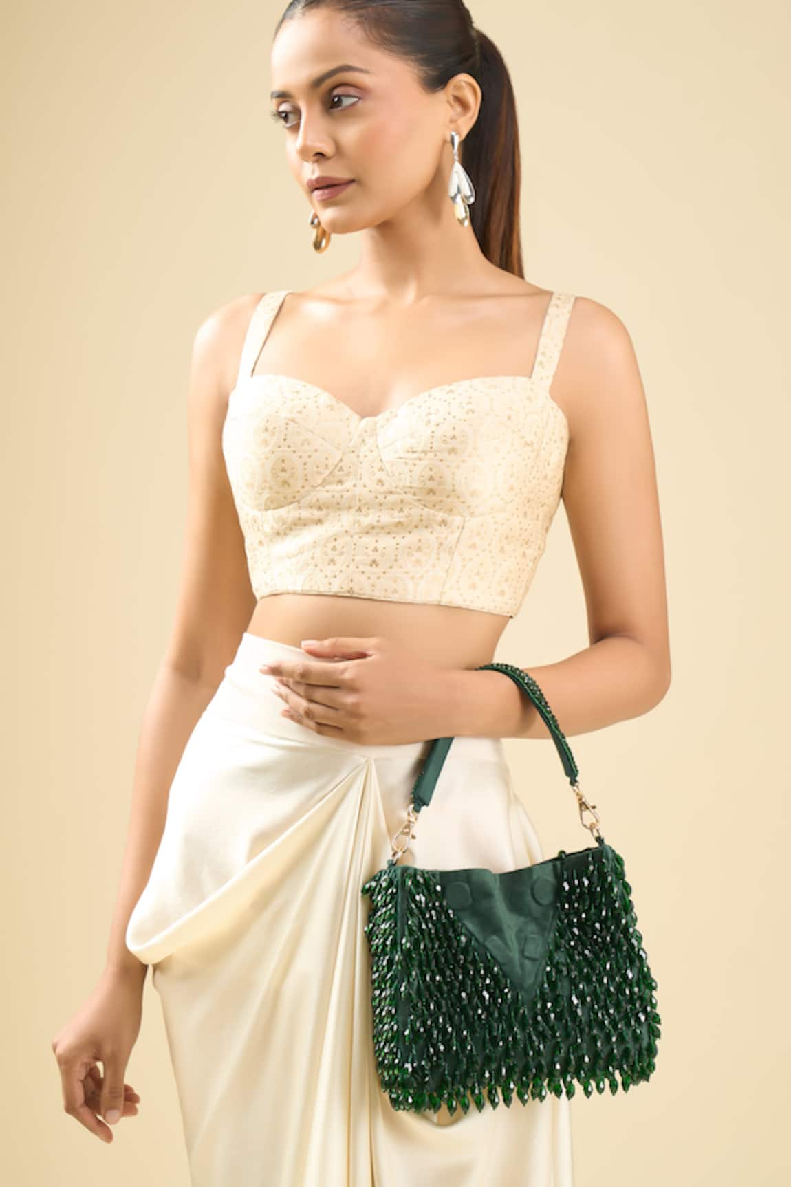 Tasna Green Beaded Handbag With Detachable Handle 