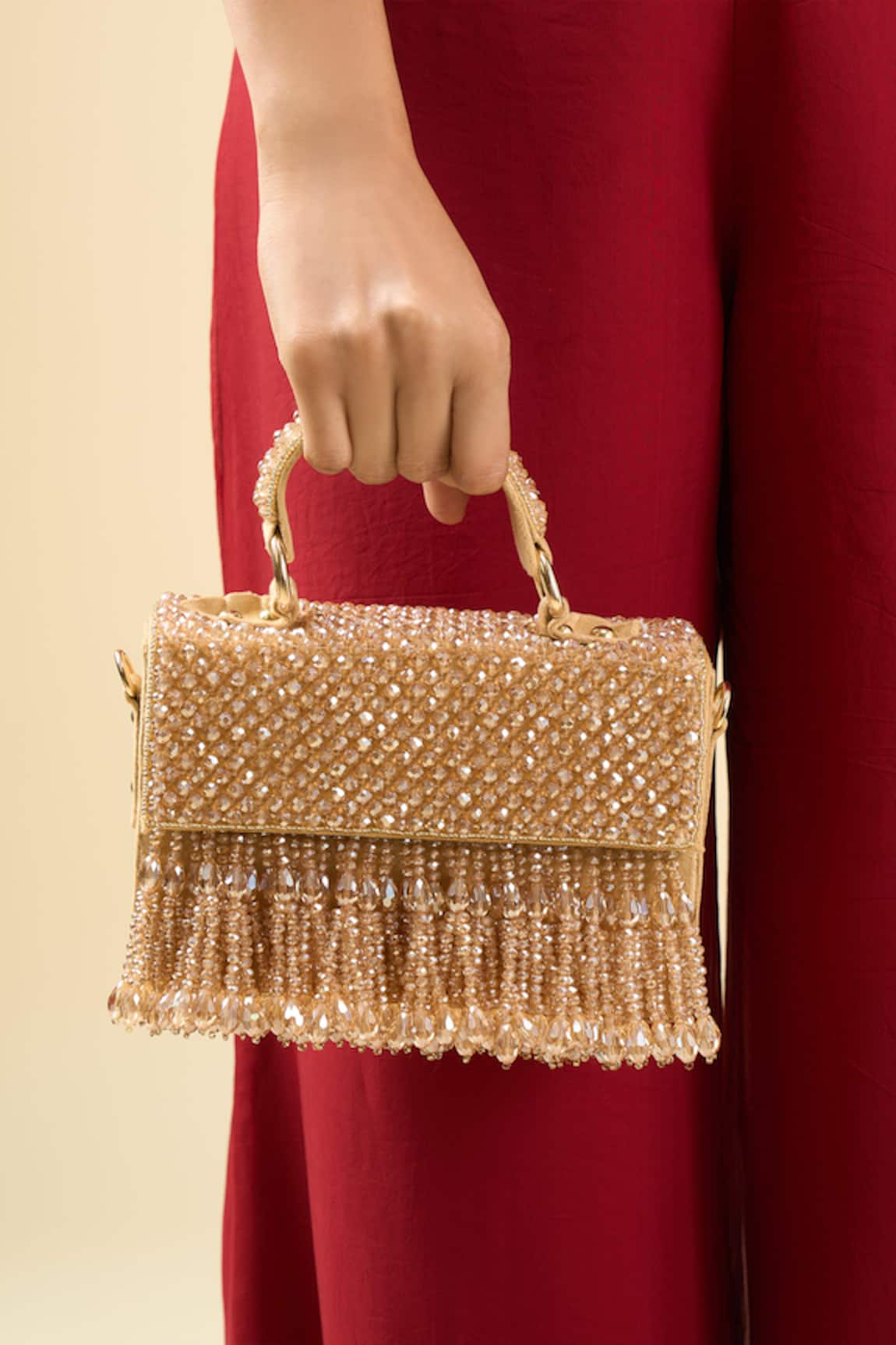 Tasna Gold Beaded Clutch with Fringe 