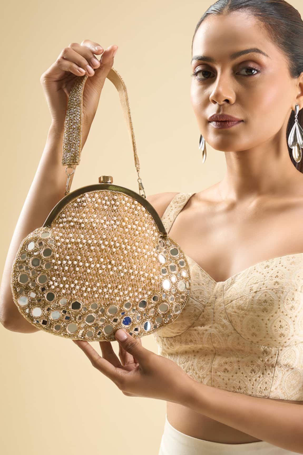 Tasna Gold Embellished Clutch with Detachable Handle 