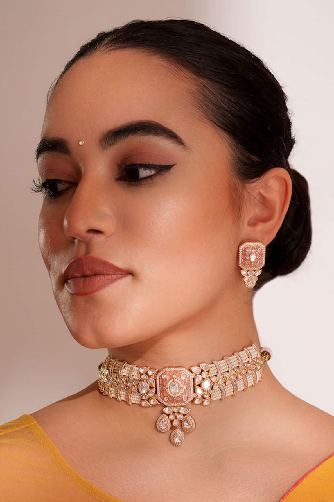 ZEVAR BY GEETA Peach Kundan Polki Necklace & Earring Set 
