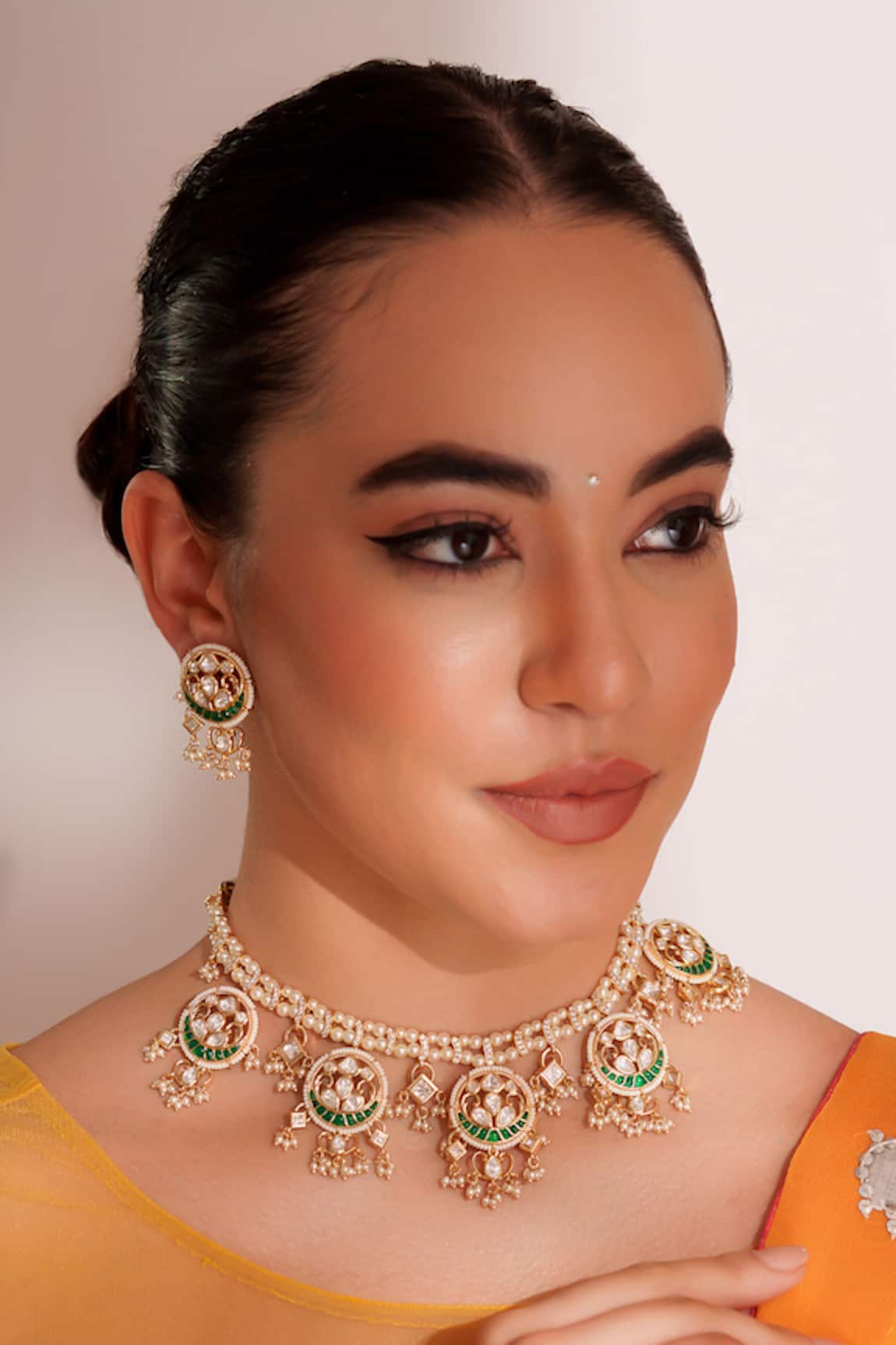 ZEVAR BY GEETA Kundan Polki Green Necklace & Earring Set 