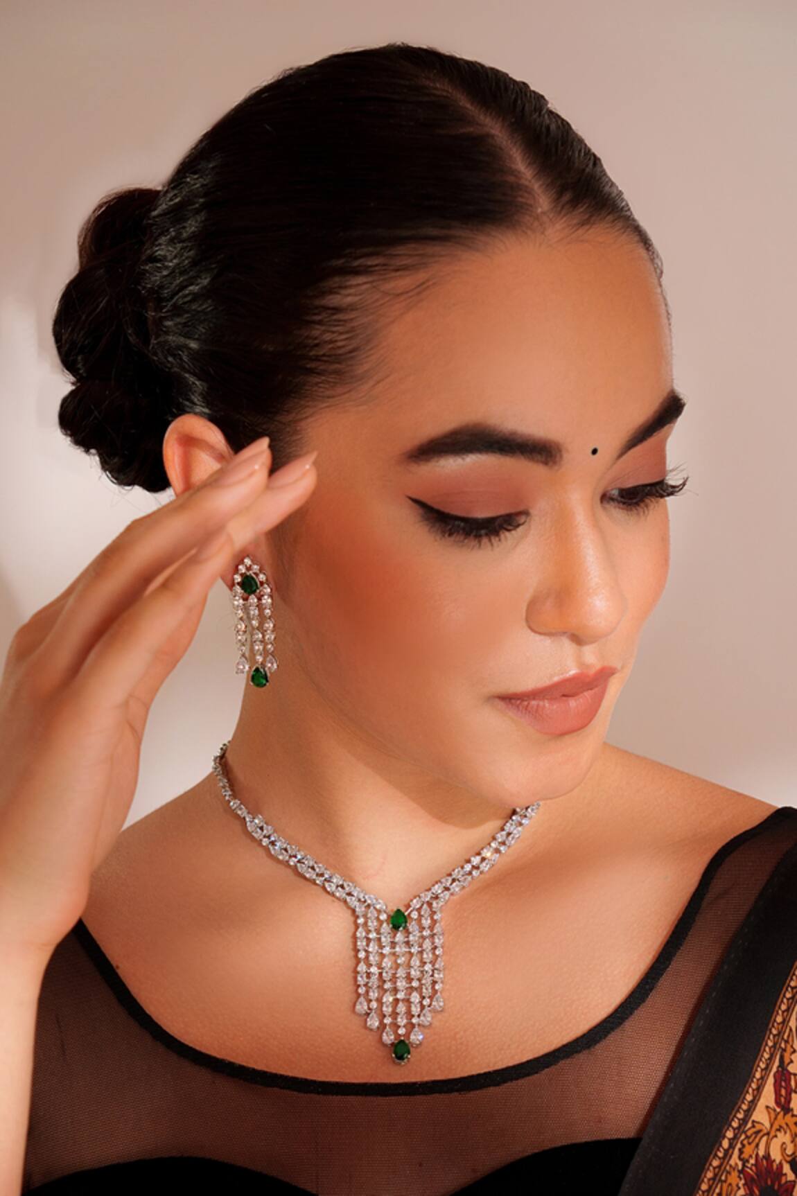 ZEVAR BY GEETA Designer Faux Diamond Necklace & Earrings Set 