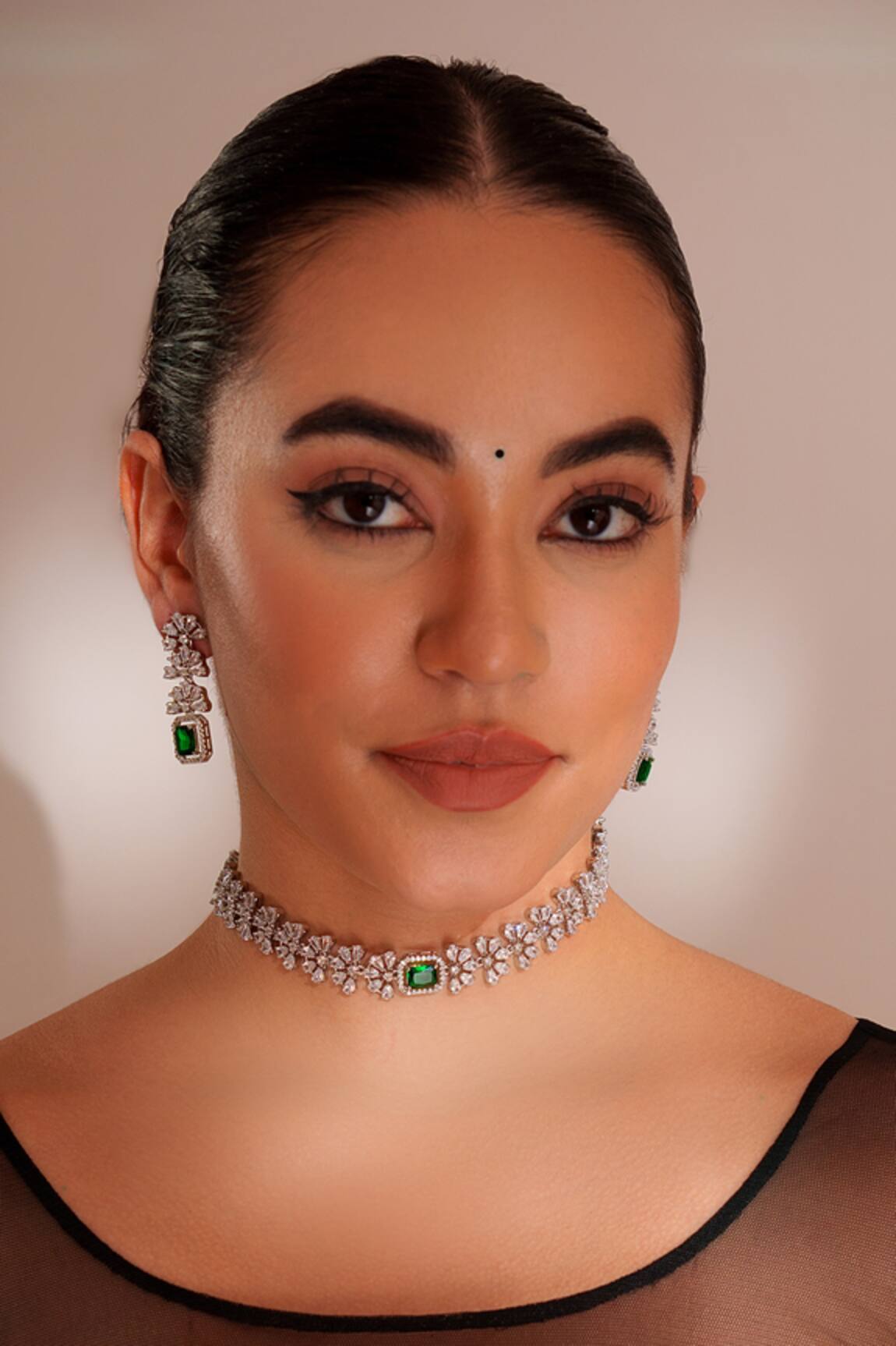 ZEVAR BY GEETA Designer Green Faux Diamond Jewellery Set 