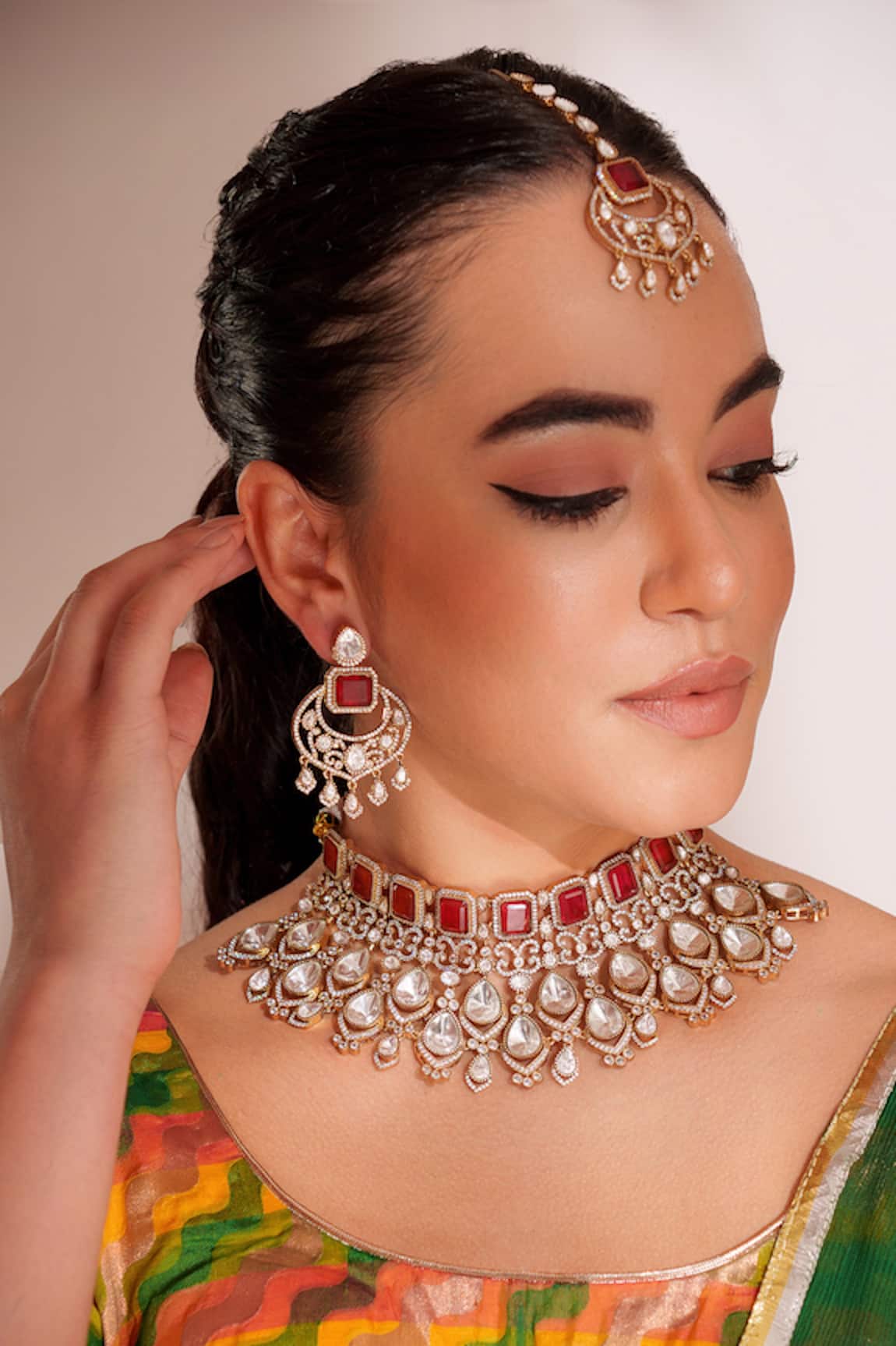 ZEVAR BY GEETA Red Kundan Polki Designer Jewellery Set 