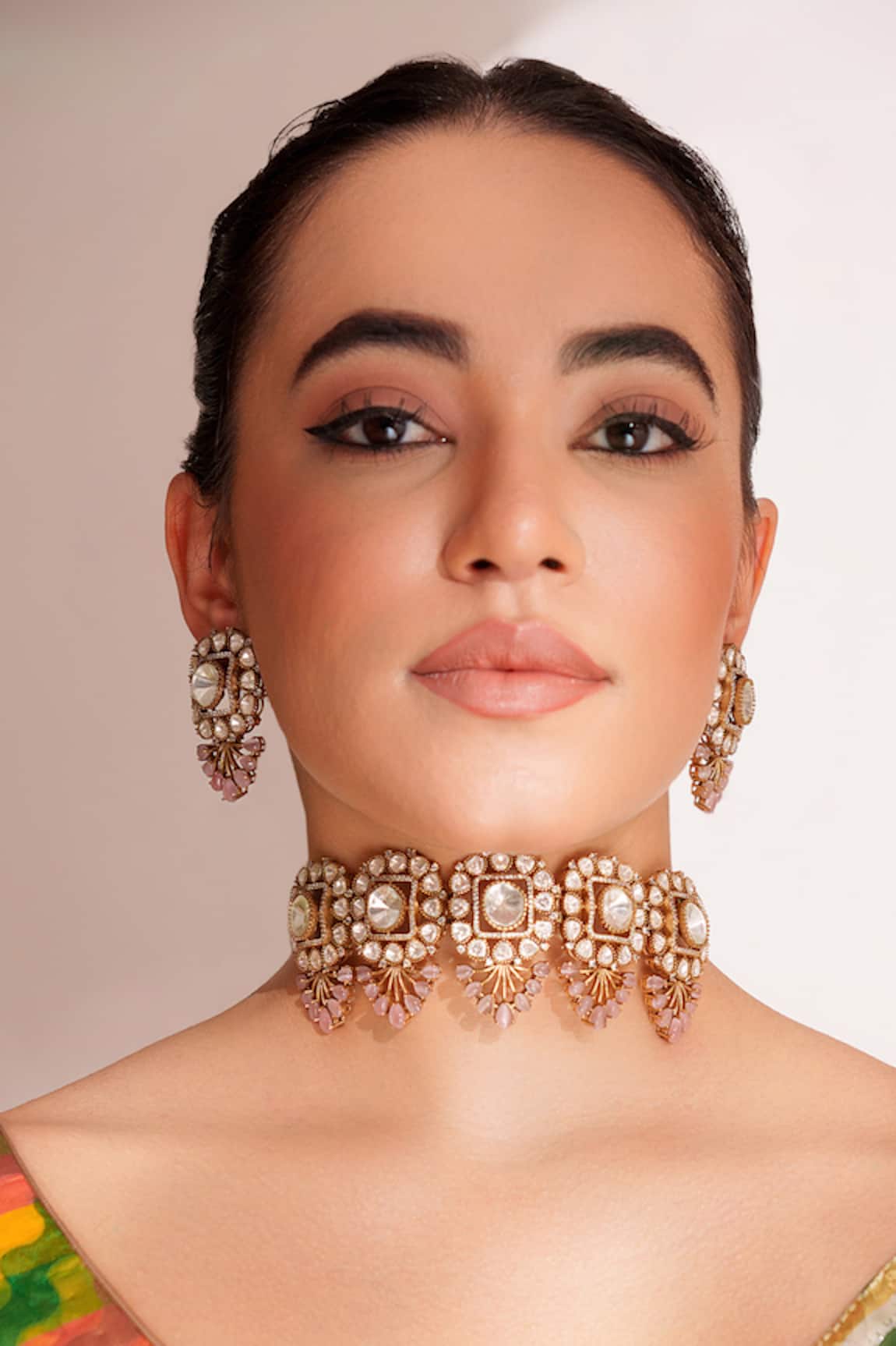 ZEVAR BY GEETA Kundan Polki Two Tone Necklace & Earrings Set 