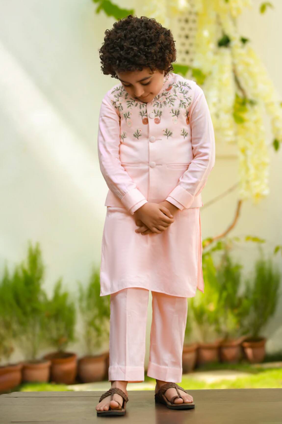 LITTLEENS Embroidered Peach Nehru Jacket 