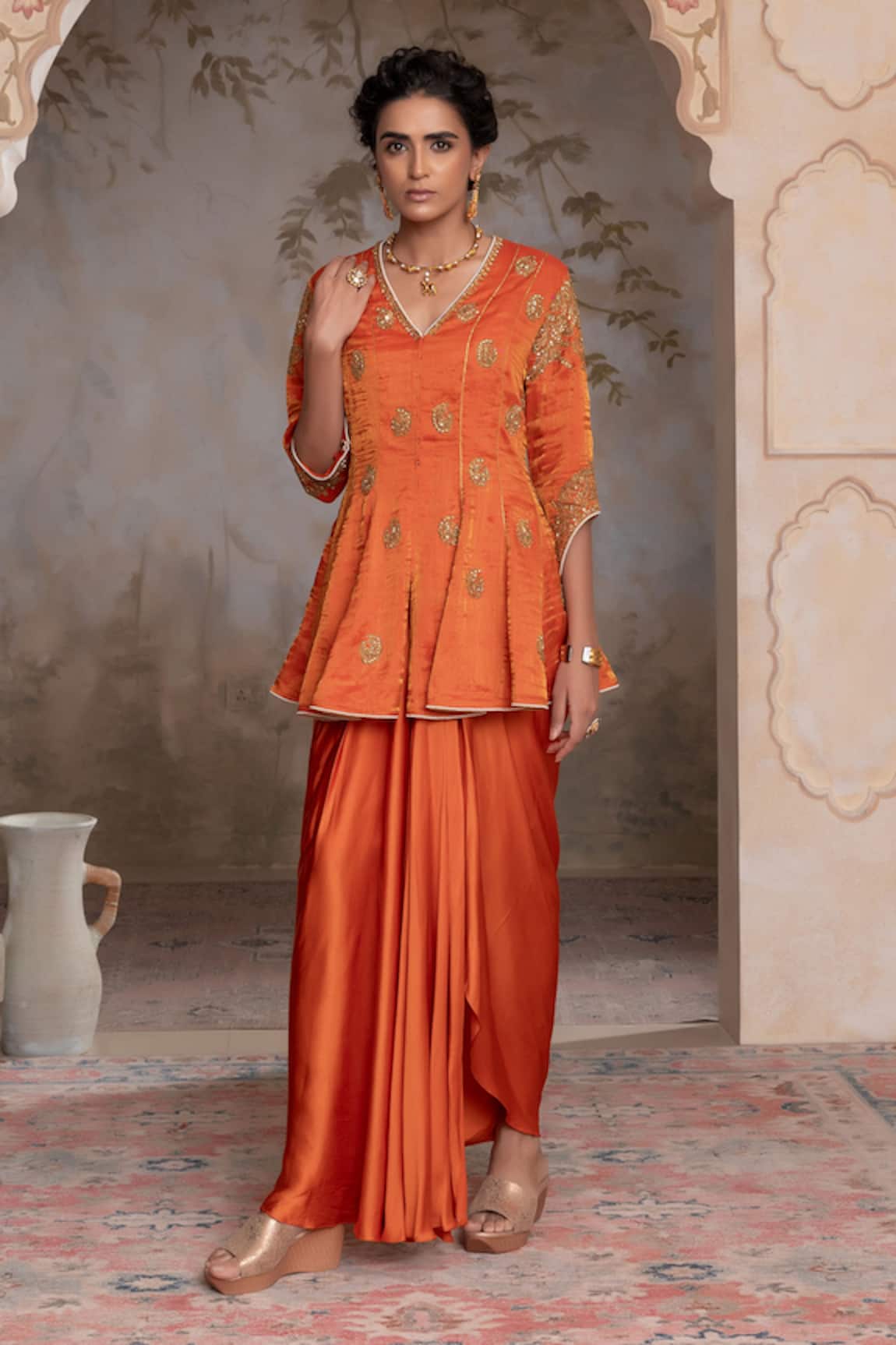 Adi By Aditya Khandelwl Burnt Orange Peplum Kurta & Draped Skirt 