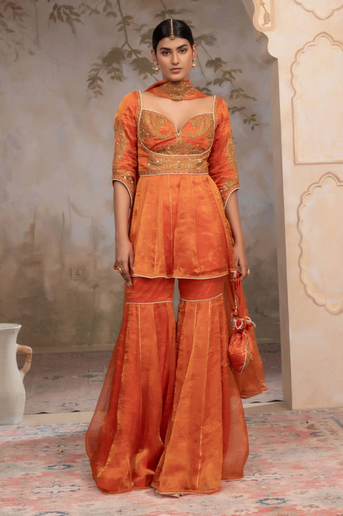 Adi By Aditya Khandelwl Burnt Orange Peplum Kurta Sharara Set 