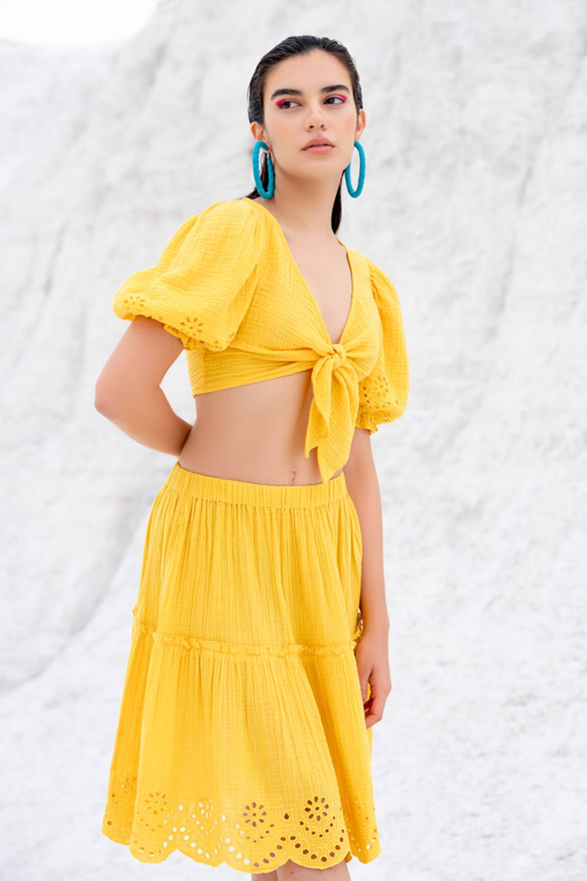 Beachbum Sun Yellow Schiffli Skirt & Tie Top Set 