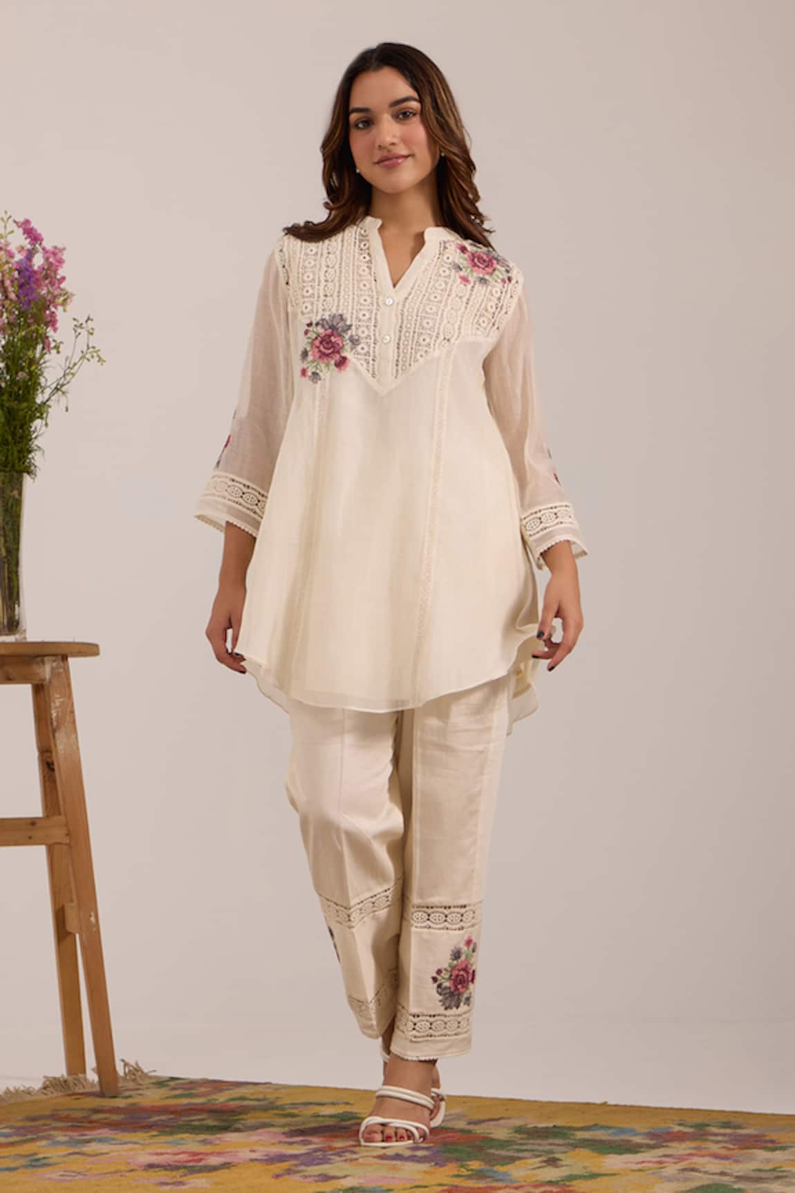 OMI Embroidered Off White Pant Set 