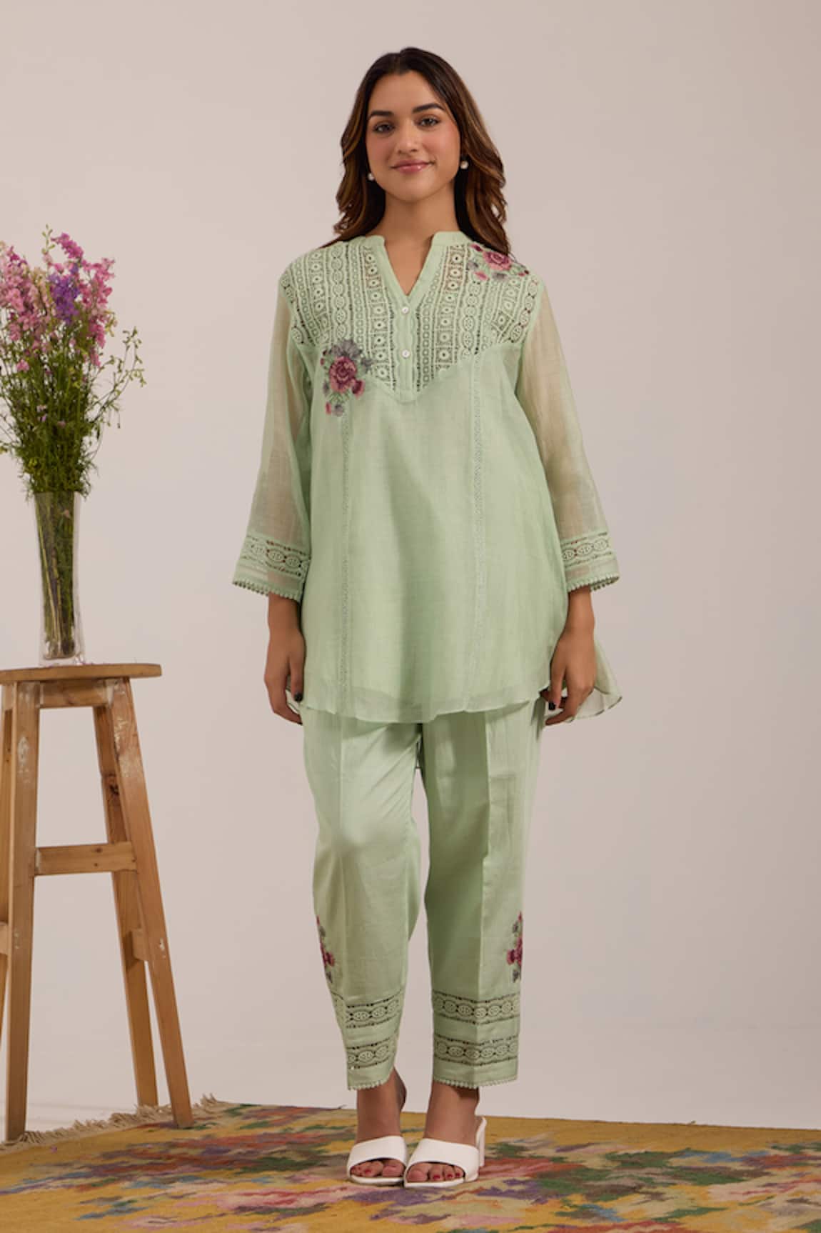 OMI Sea Green Embroidered Pant Set 