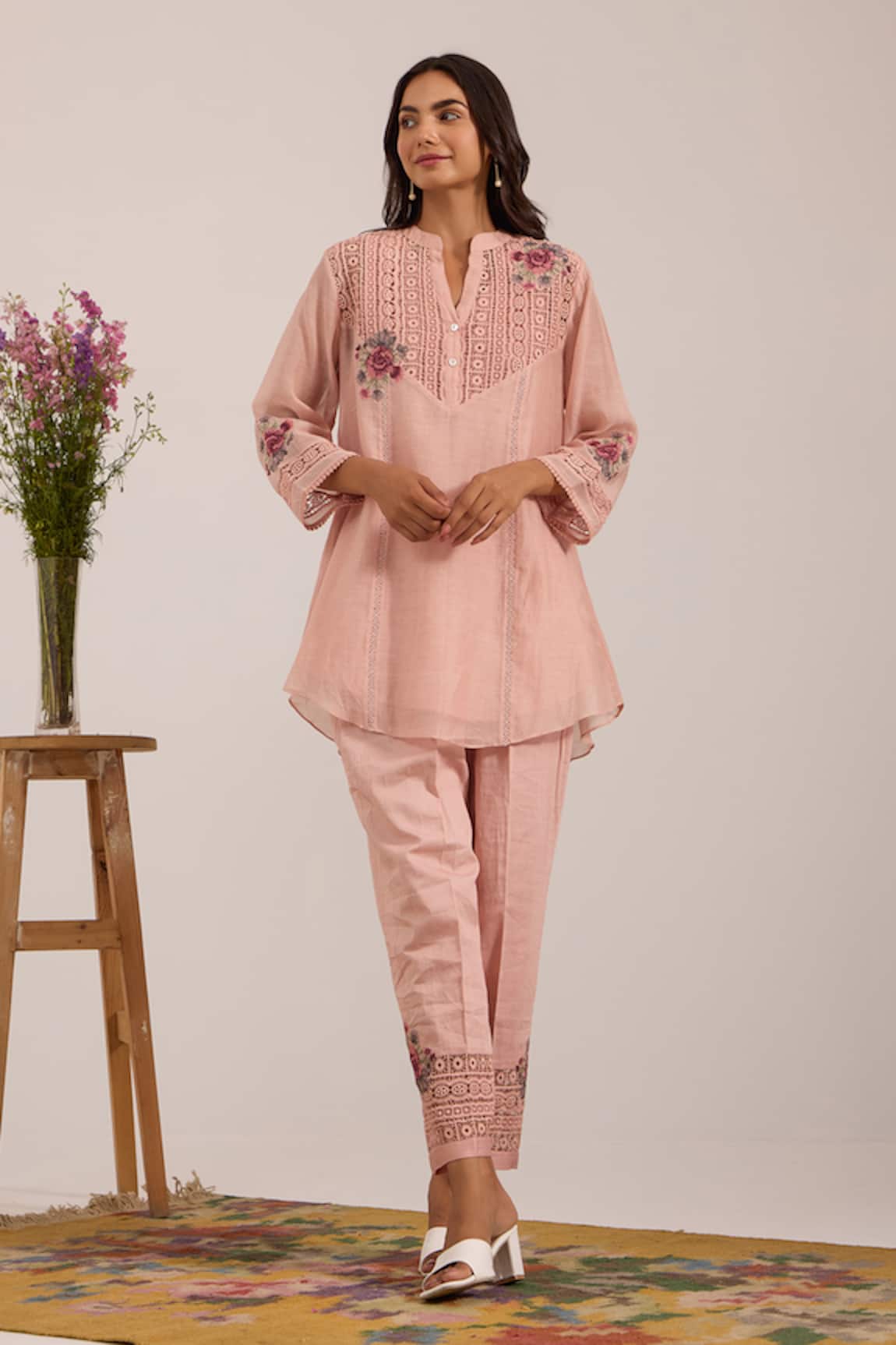 OMI Pink Mul Chanderi Pant Set 