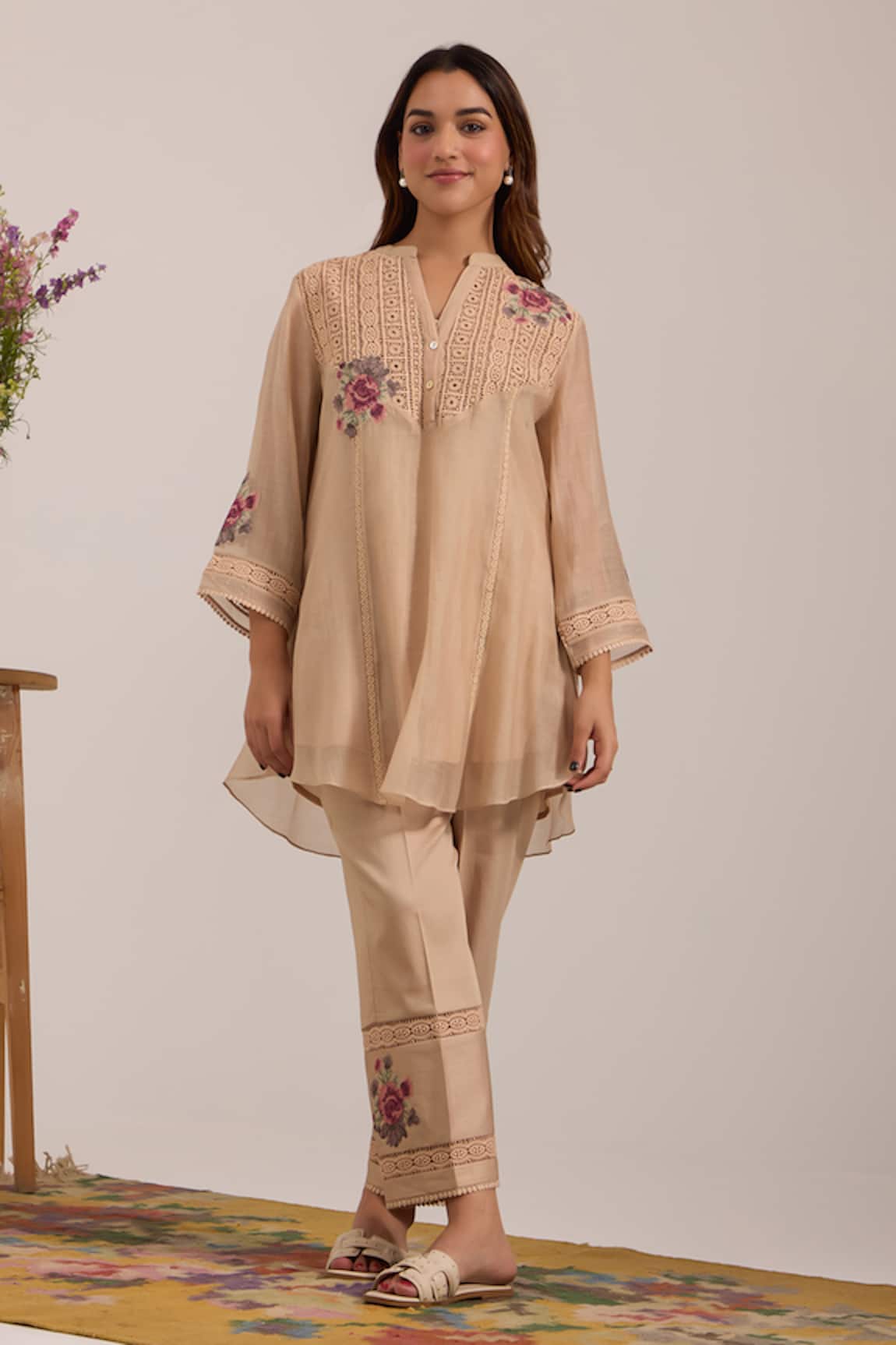 OMI Beige Embroidered Top & Pant Set 