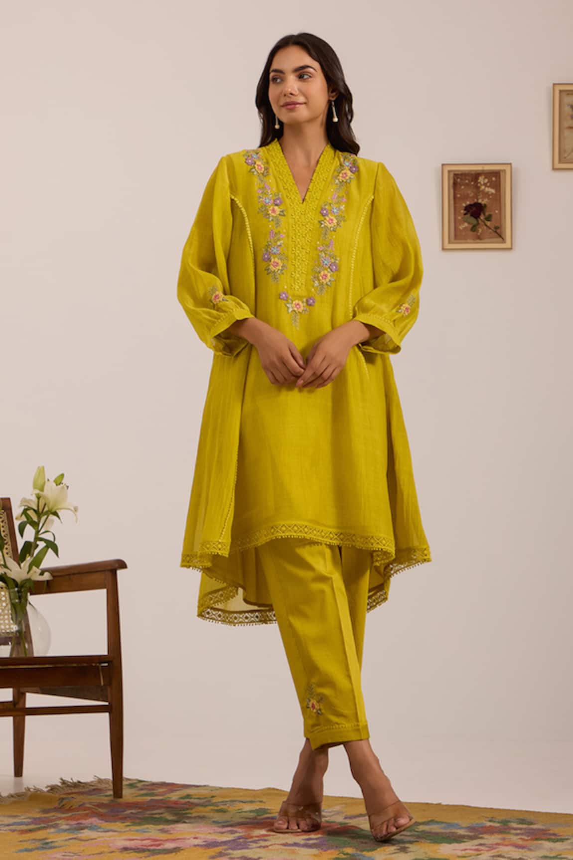 OMI Embroidered Lime Green Kurta Set 