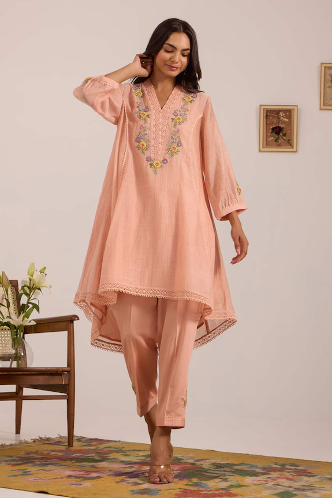 OMI Peach Embroidered Kurta Set 