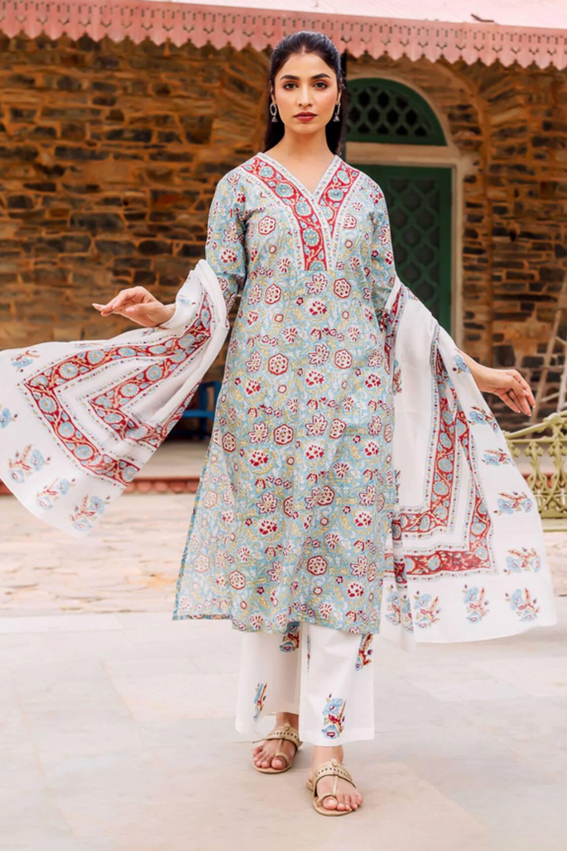 Missprint Kavita Teal Cotton Kurta Suit Set 
