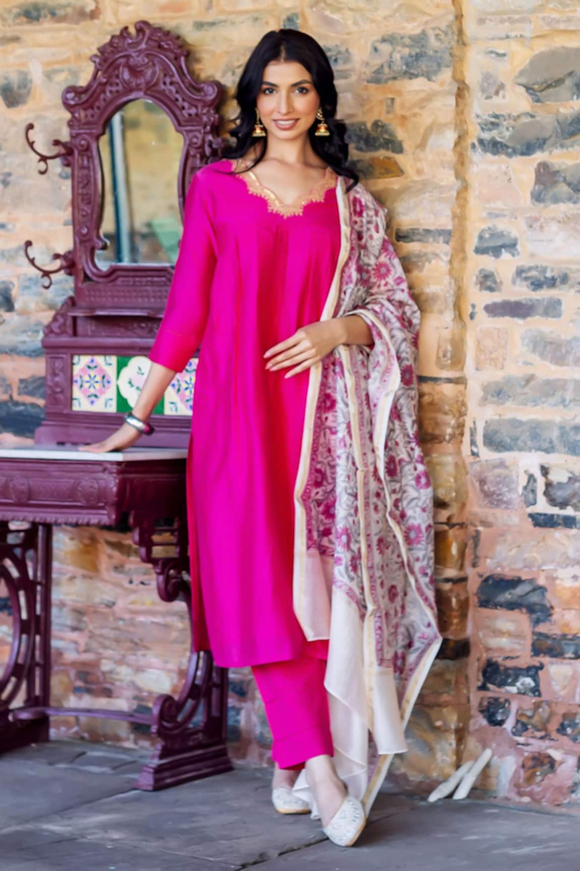 Missprint Rhea Radiant Pink Chanderi Silk Kurta Set 